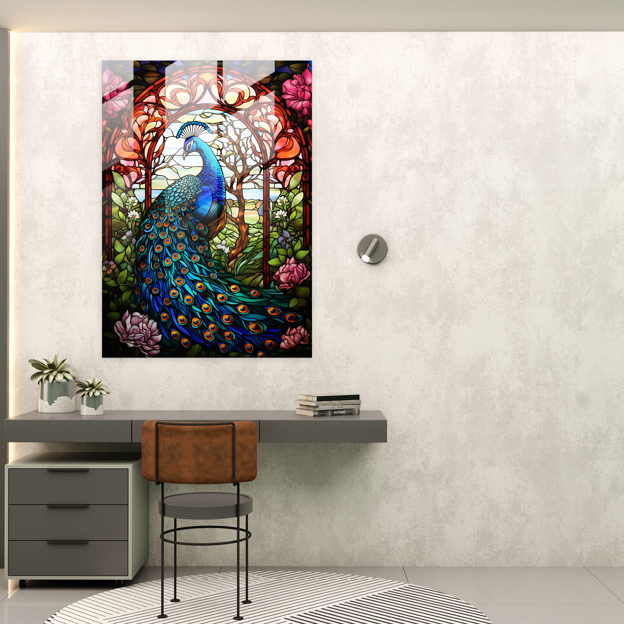 Glass Art Stained Window With Majestic Peacock - Realistic Glass Sculpture, Glass Wall Art, Wall Decoration, Modern Art