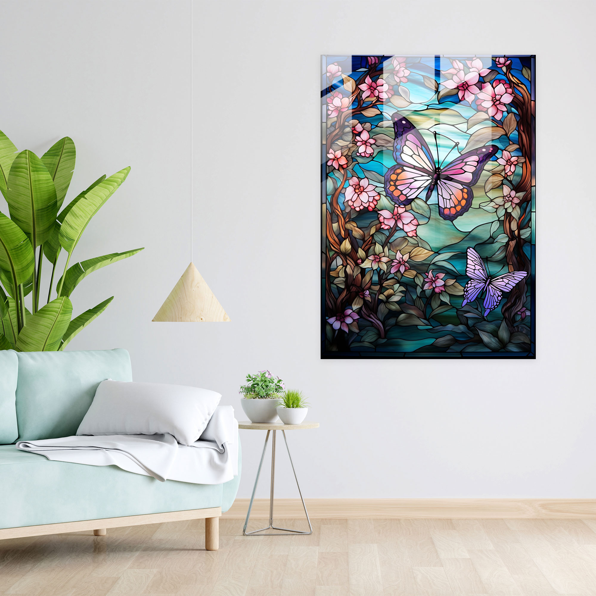 Glass Art Stained Window With Nature And Butterflies - Realistic Glass Sculpture, Glass Print, Nature Scene, Stained Glass