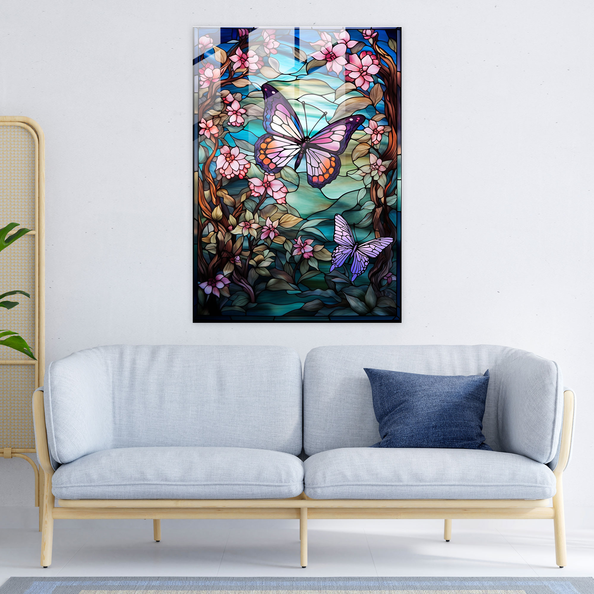 Glass Art Stained Window With Nature And Butterflies - Realistic Glass Sculpture, Glass Print, Nature Scene, Stained Glass