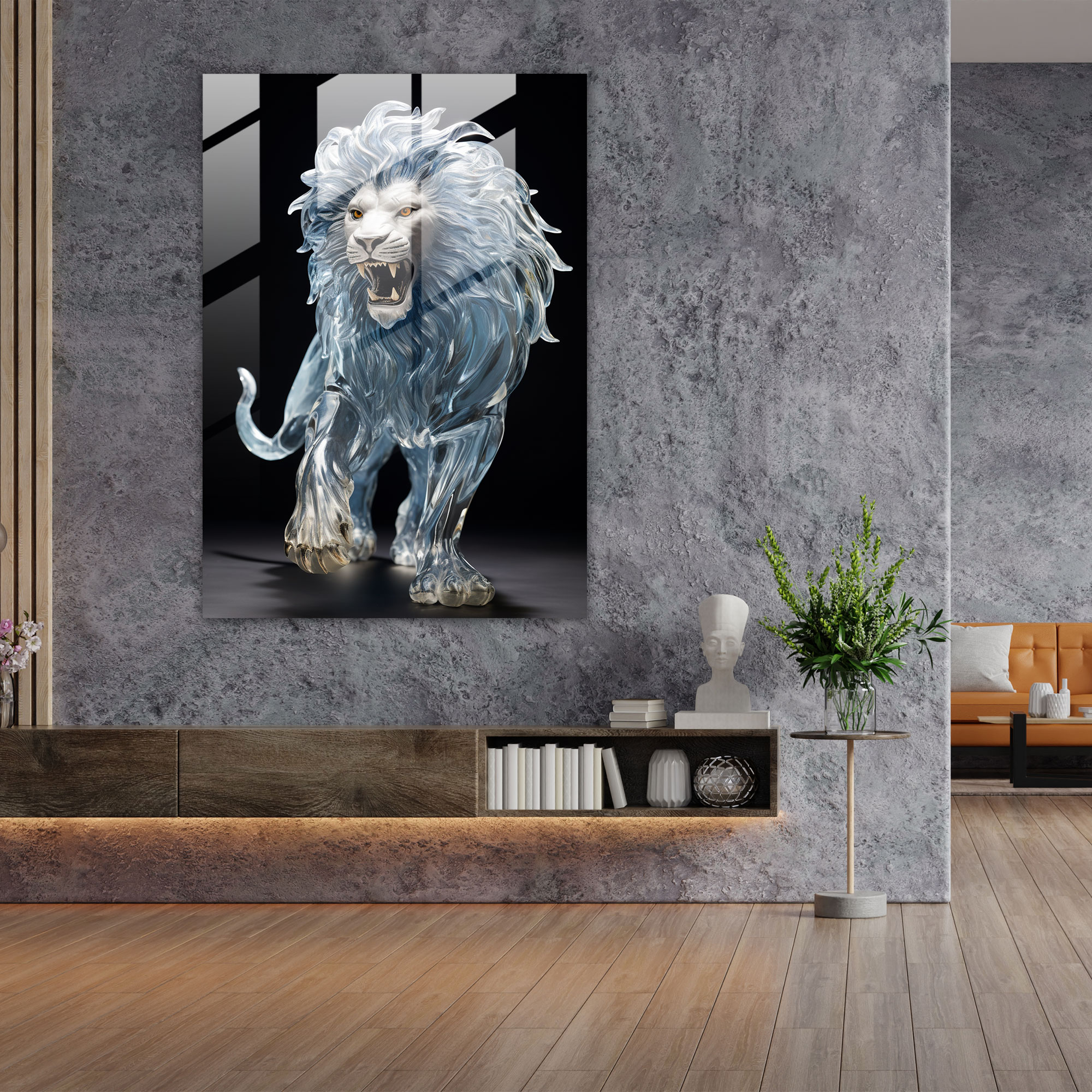 Realistic Glass Sculpture - Majestic Lion Glass Print - Realistic Glass Sculpture, Power, Home Decoration, Wall Decoration
