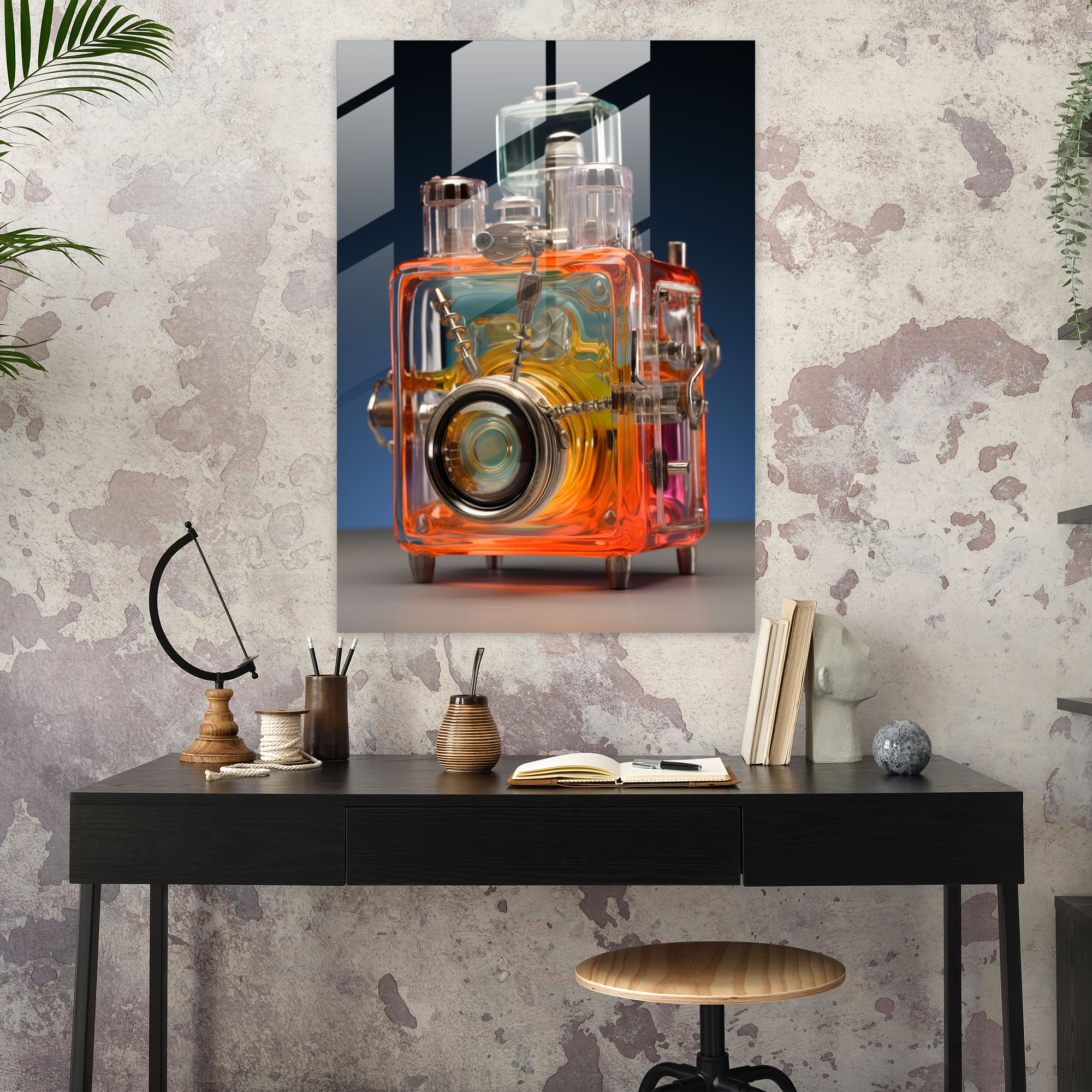 Realistic Glass Sculpture - Vintage Camera Glass Print - Realistic Glass Sculpture, Glass Print, Vintage Camera, Home Decoration