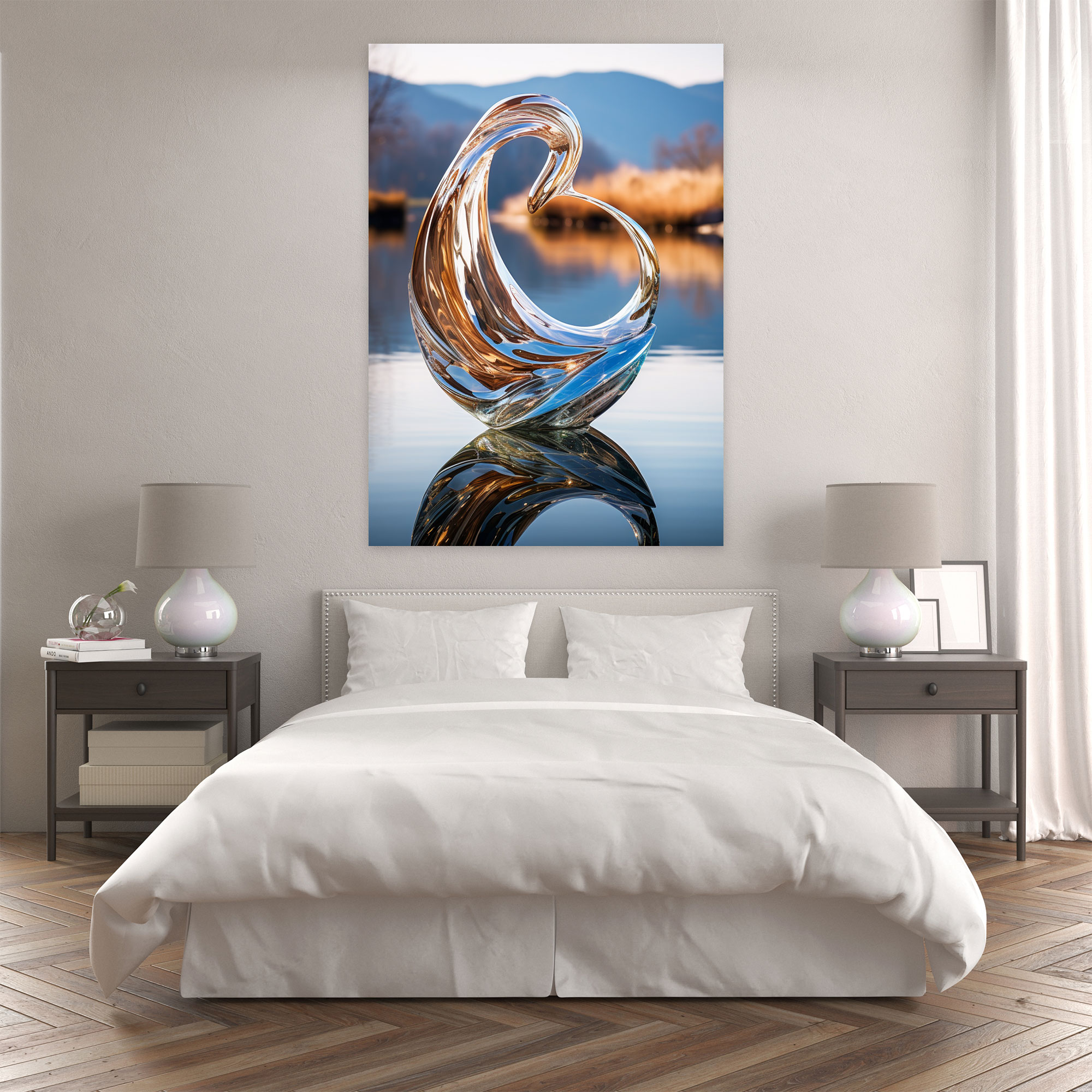 Realistic Glass Sculpture - Mirrored Swan Wall Art - Realistic Glass Sculpture, Peace, Realistic Glass Sculpture, Serene Lake