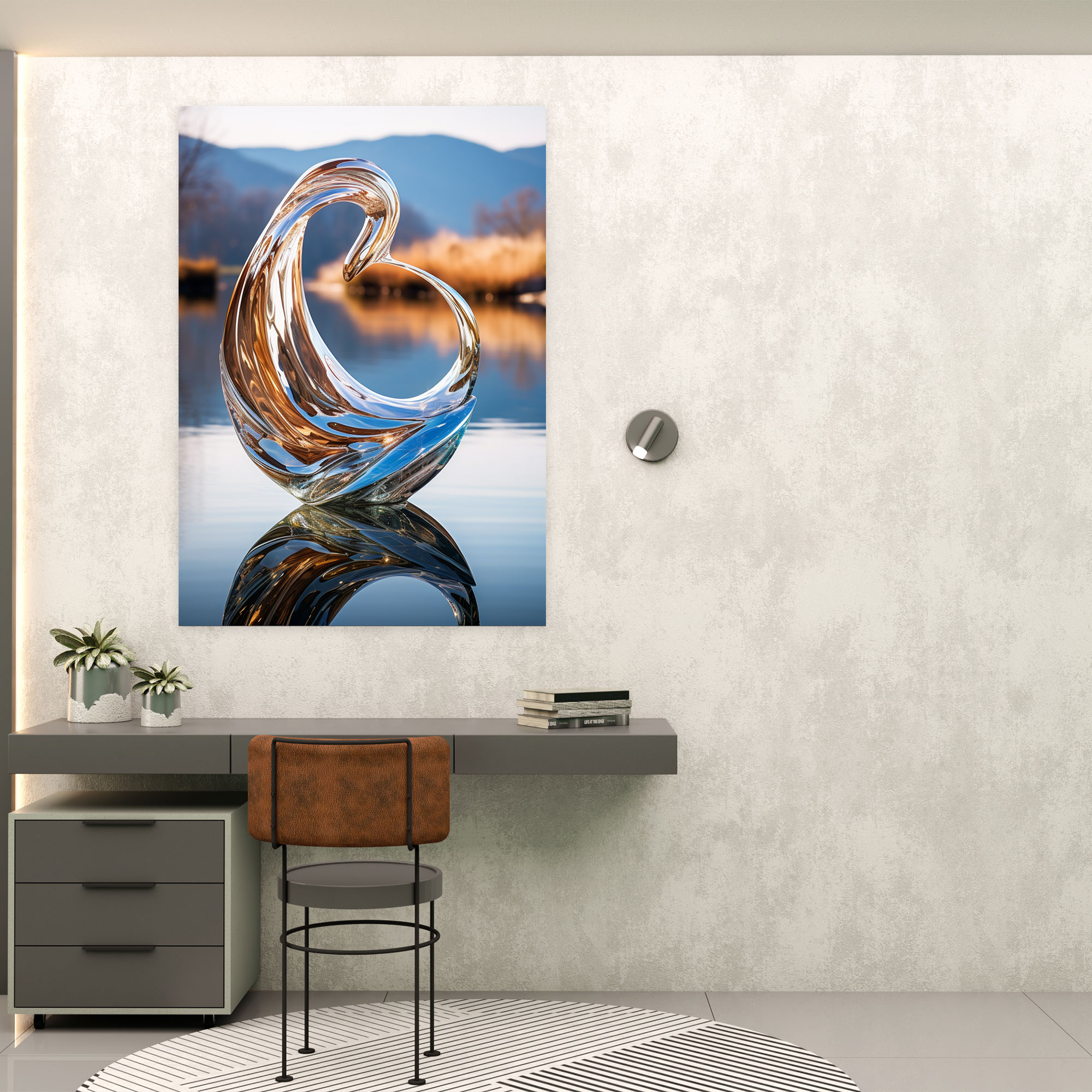 Realistic Glass Sculpture - Mirrored Swan Wall Art - Realistic Glass Sculpture, Peace, Realistic Glass Sculpture, Serene Lake