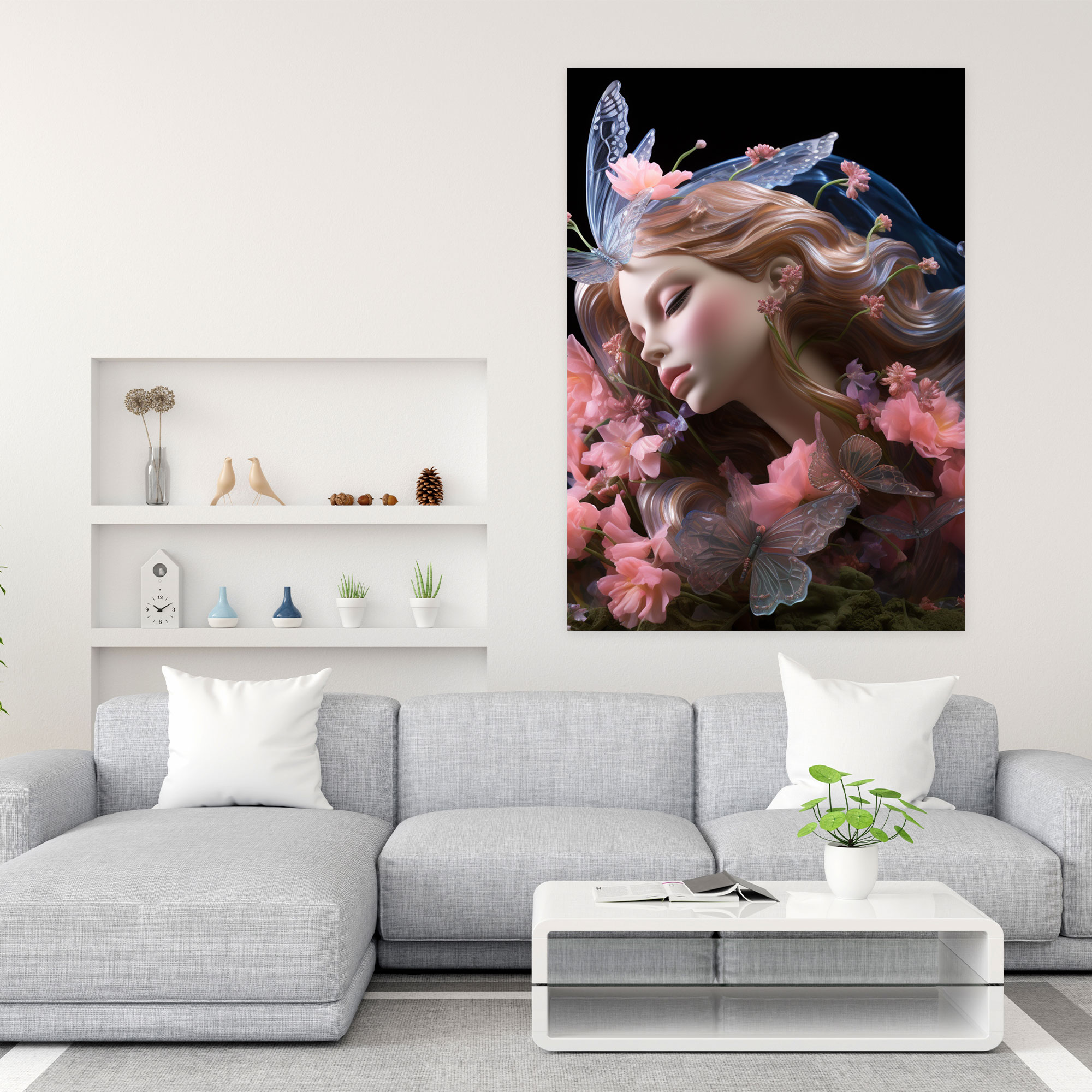 Realistic Glass Sculpture - Frosted Fairy And Flowers Wall Decoration - Realistic Glass Sculpture, Intricate Details, Realistic Glass Sculpture, Canvas