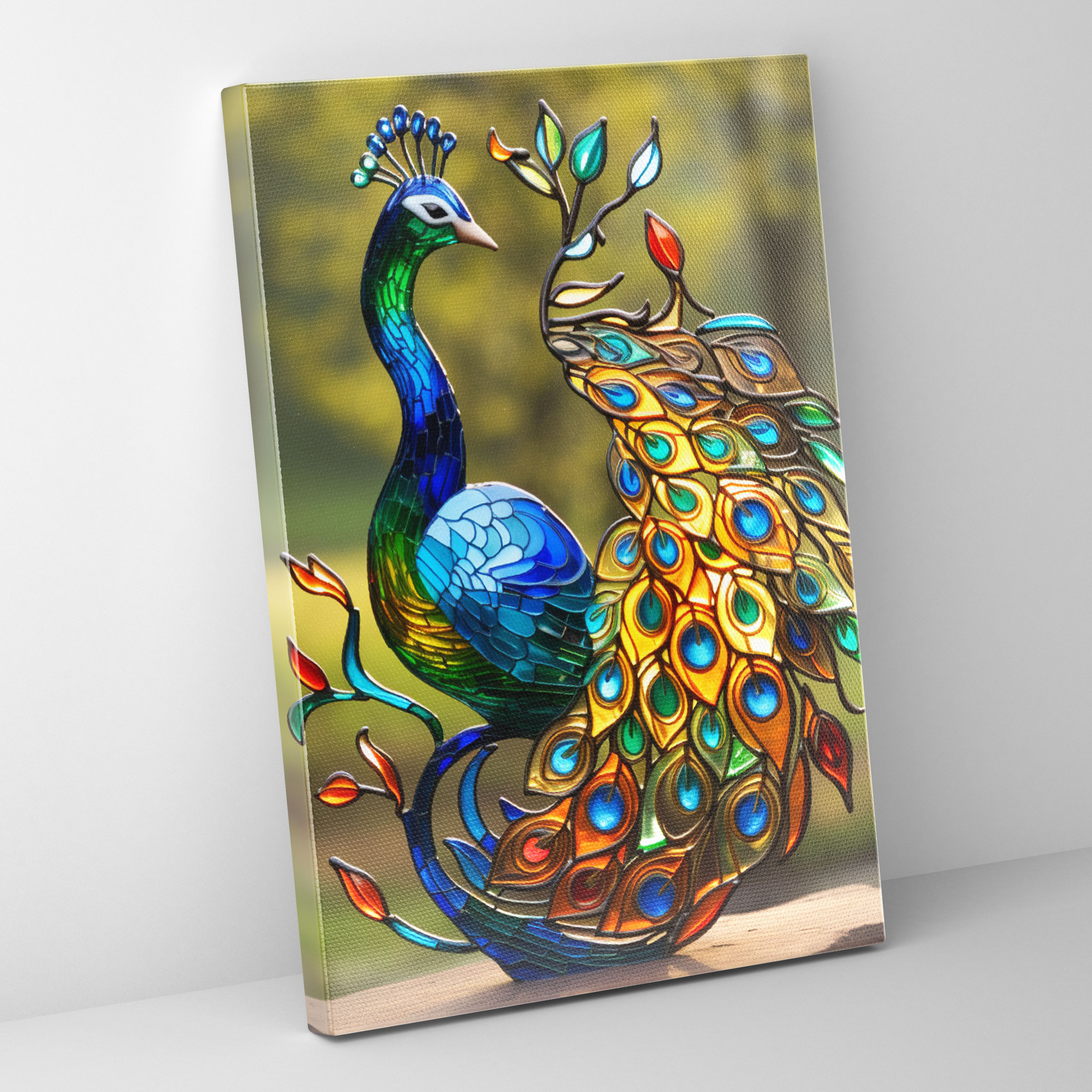 Realistic Glass Sculpture - Stained Peacock Wall Art - Realistic Glass Sculpture, Majesty, Intricate Patterns, Canvas Print
