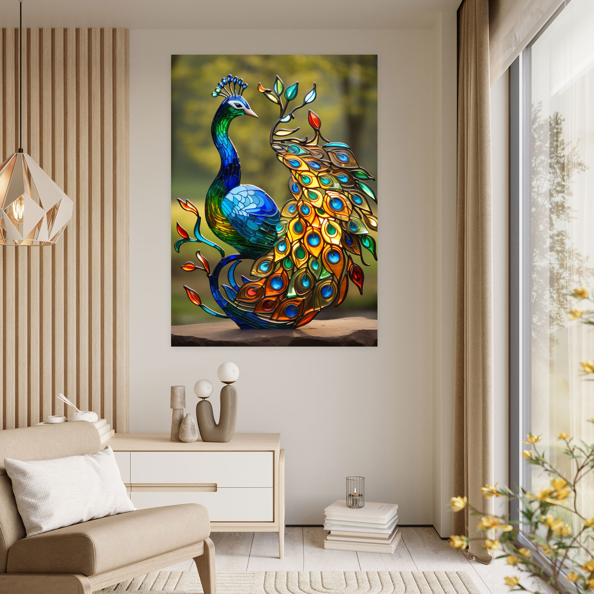 Realistic Glass Sculpture - Stained Peacock Wall Art - Realistic Glass Sculpture, Majesty, Intricate Patterns, Canvas Print