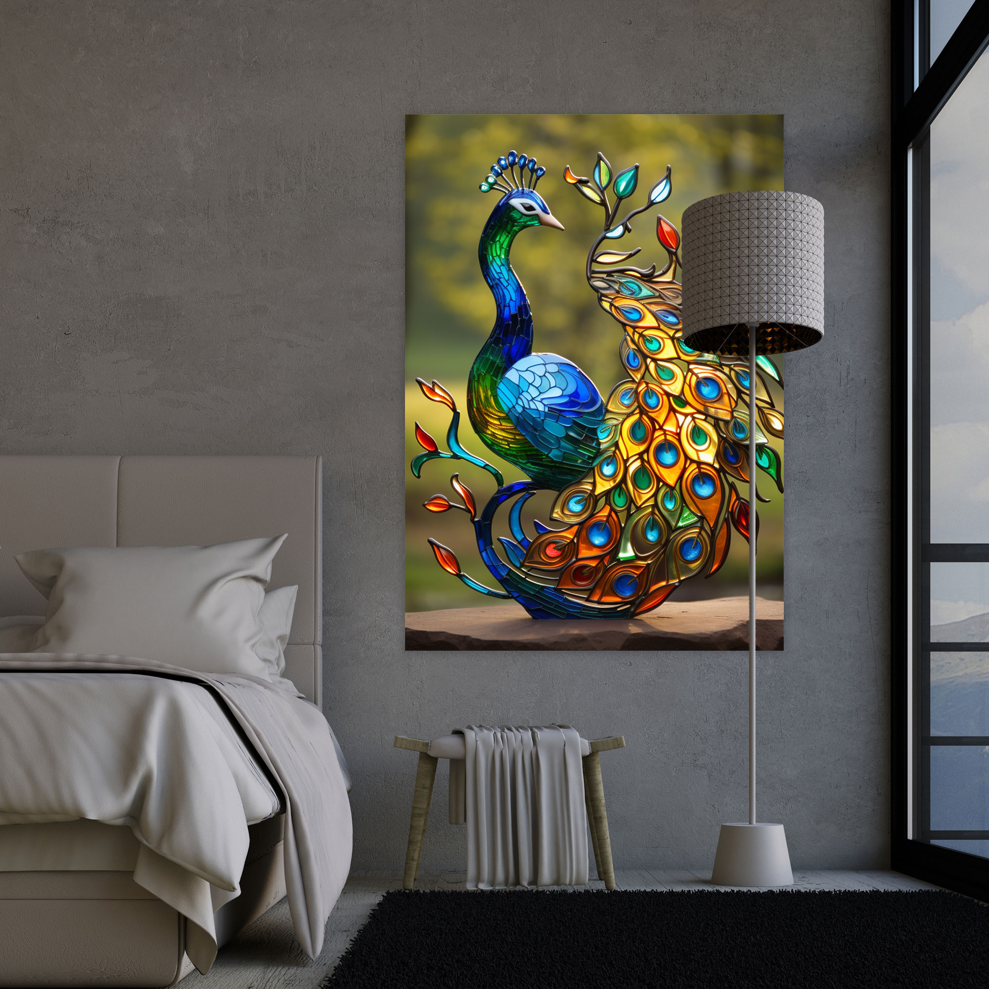 Realistic Glass Sculpture - Stained Peacock Wall Art - Realistic Glass Sculpture, Majesty, Intricate Patterns, Canvas Print