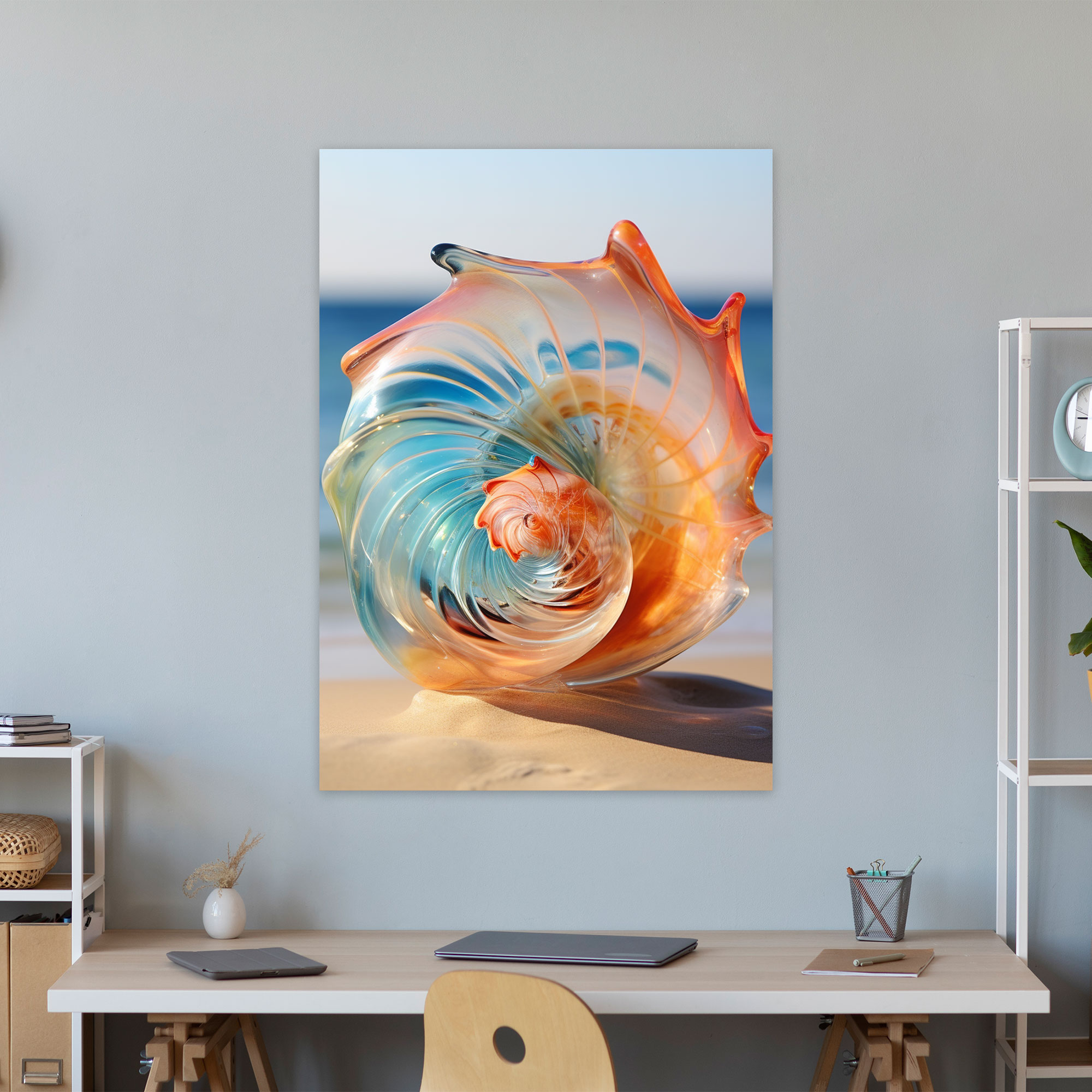 Realistic Glass Sculpture - Murano Seashell Beach Wall Decor - Realistic Glass Sculpture, Delicate Colors, Canvas Print, Sandy Beach