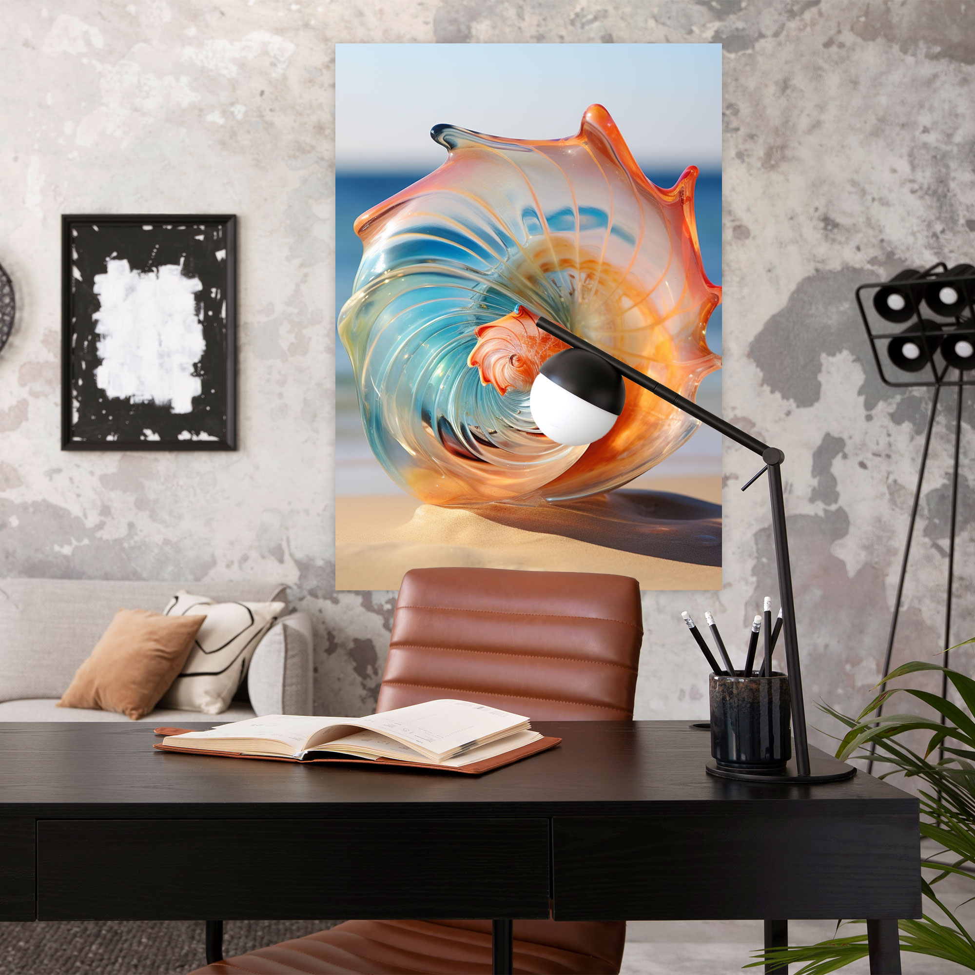 Realistic Glass Sculpture - Murano Seashell Beach Wall Decor - Realistic Glass Sculpture, Delicate Colors, Canvas Print, Sandy Beach