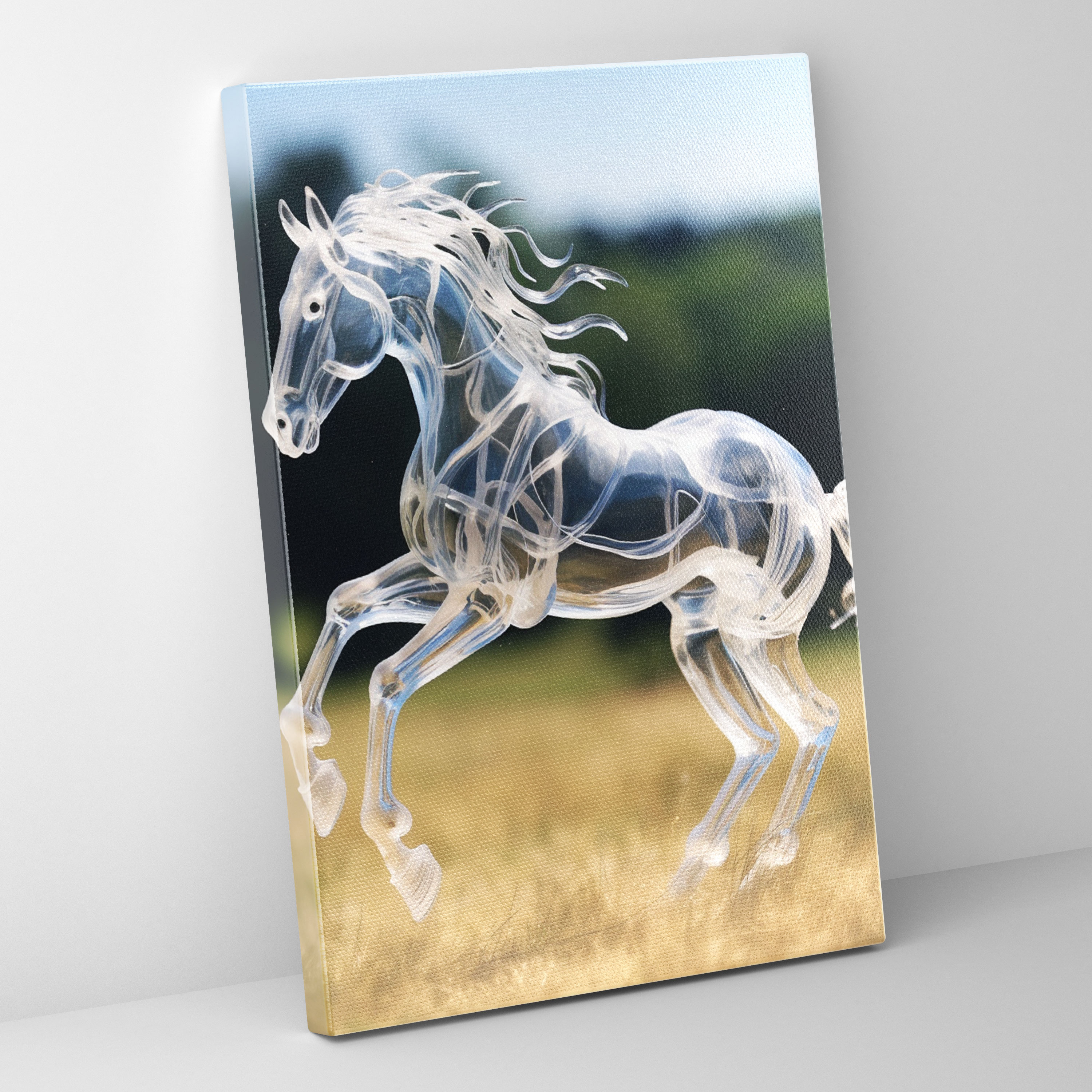 Realistic Glass Sculpture - Clear Glass Galloping Horse Wall Art - Realistic Glass Sculpture, Canvas, Canvas Print, Canvas Wall Art