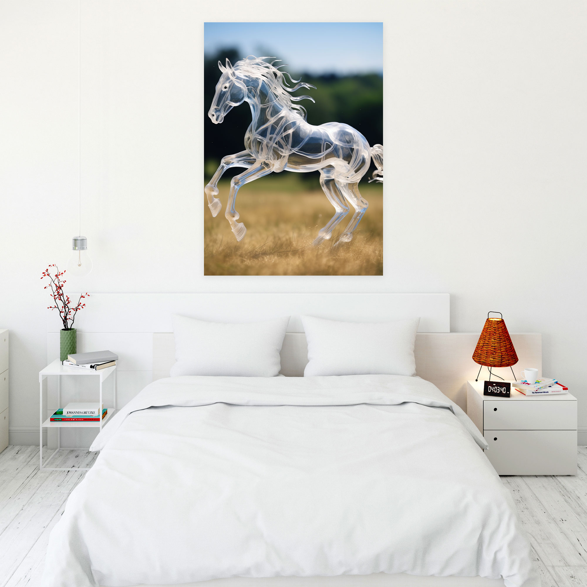 Realistic Glass Sculpture - Clear Glass Galloping Horse Wall Art - Realistic Glass Sculpture, Canvas, Canvas Print, Canvas Wall Art