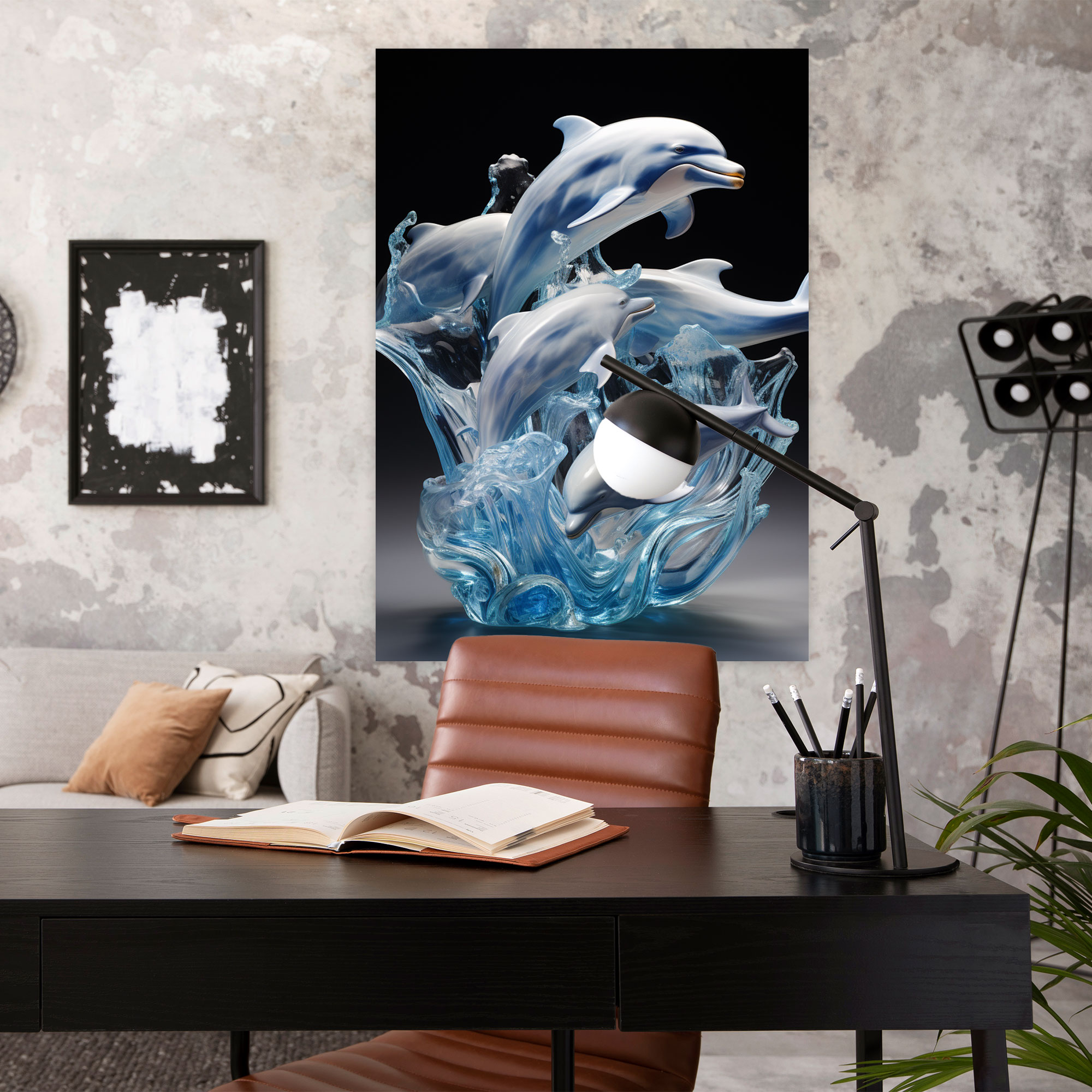 Realistic Glass Sculpture - Frosted Dolphins Ocean Canvas Print - Realistic Glass Sculpture, Canvas, Playfulness, Joyful