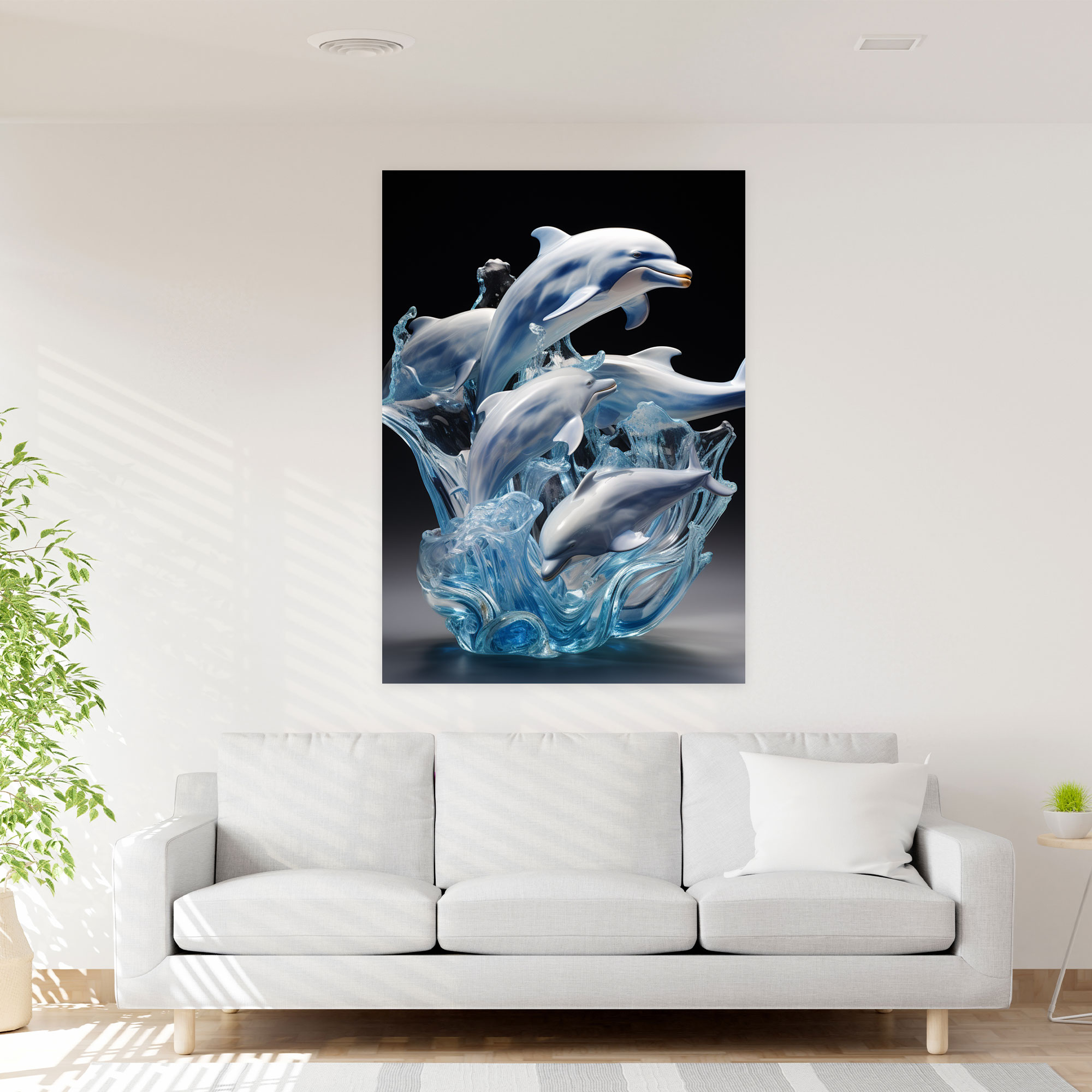 Realistic Glass Sculpture - Frosted Dolphins Ocean Canvas Print - Realistic Glass Sculpture, Canvas, Playfulness, Joyful