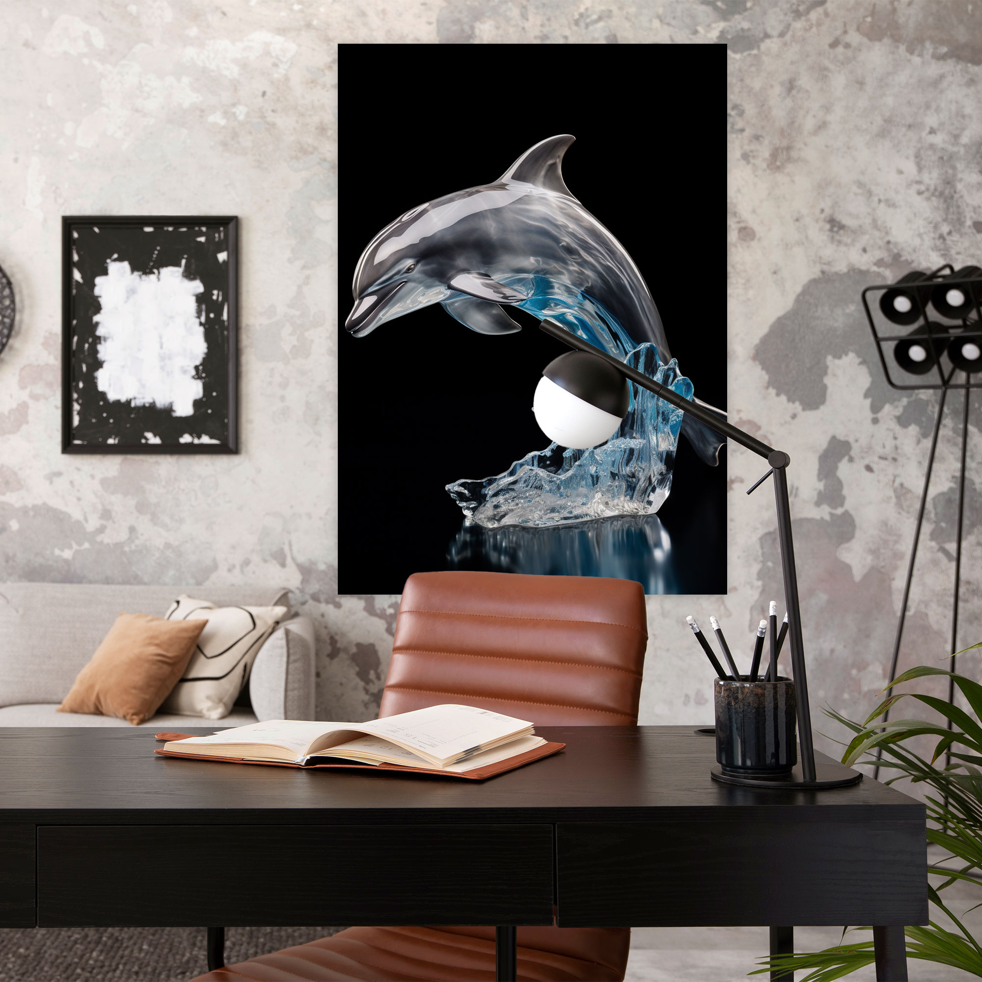 Realistic Glass Sculpture Wall Decoration - Realistic Glass Sculpture, Dolphin, Crystal-Clear Sea, Canvas