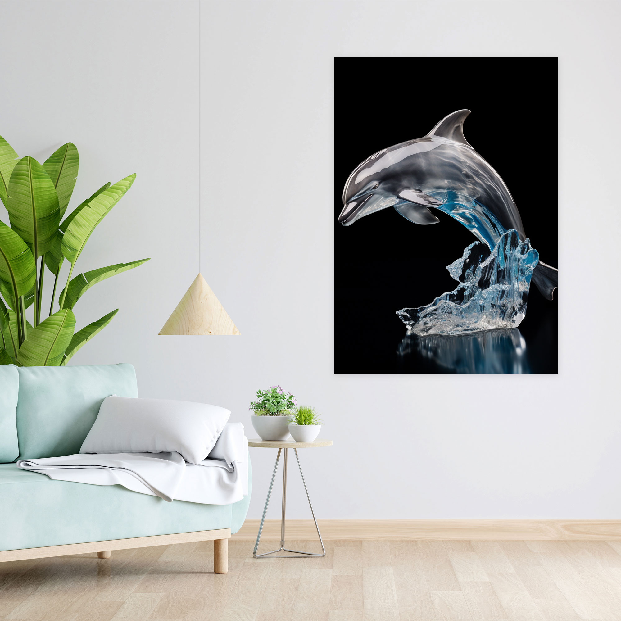 Realistic Glass Sculpture Wall Decoration - Realistic Glass Sculpture, Dolphin, Crystal-Clear Sea, Canvas