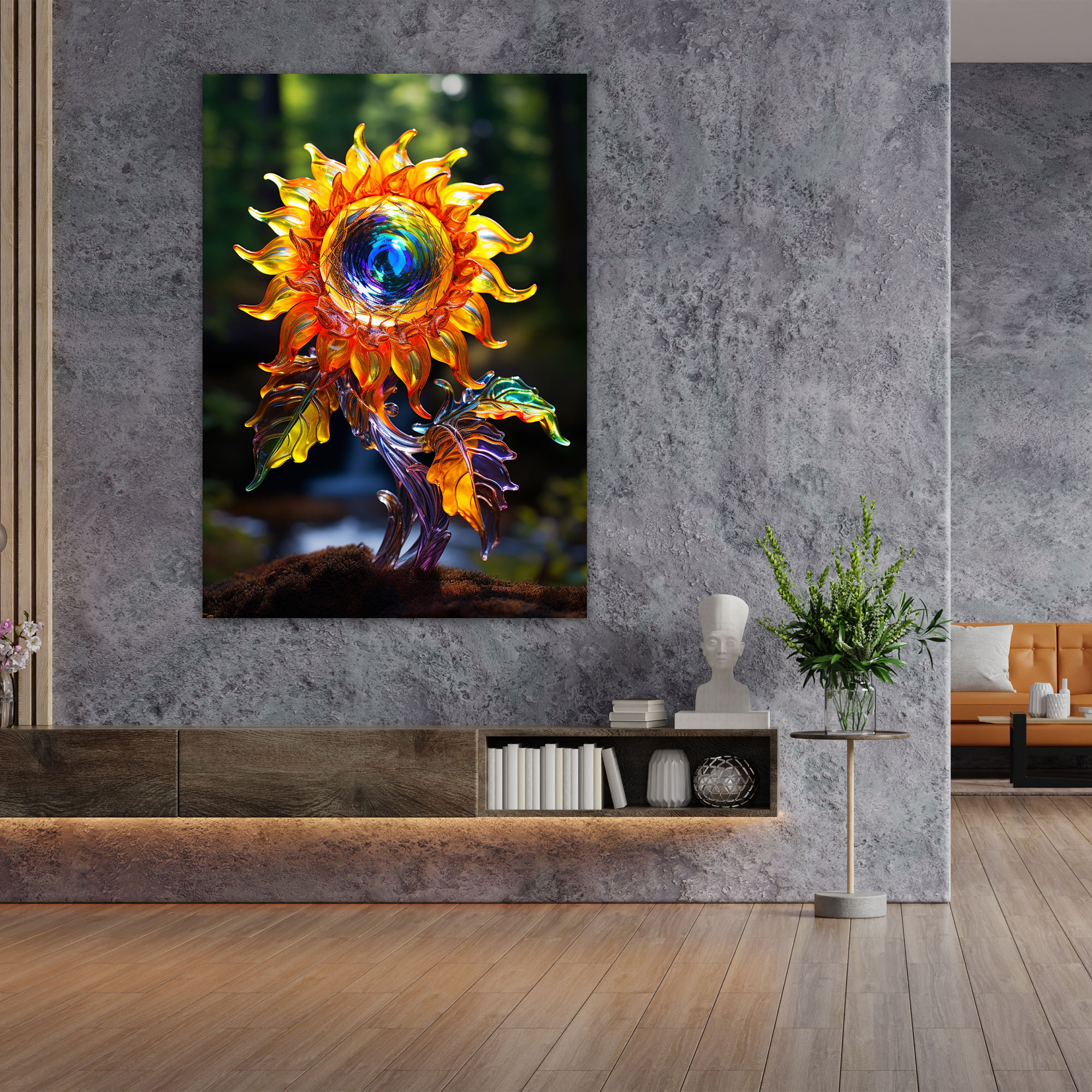 Realistic Glass Sculpture Wall Art Canvas Print - Realistic Glass Sculpture, Sunflower, Vibrant Colors, Canvas Print