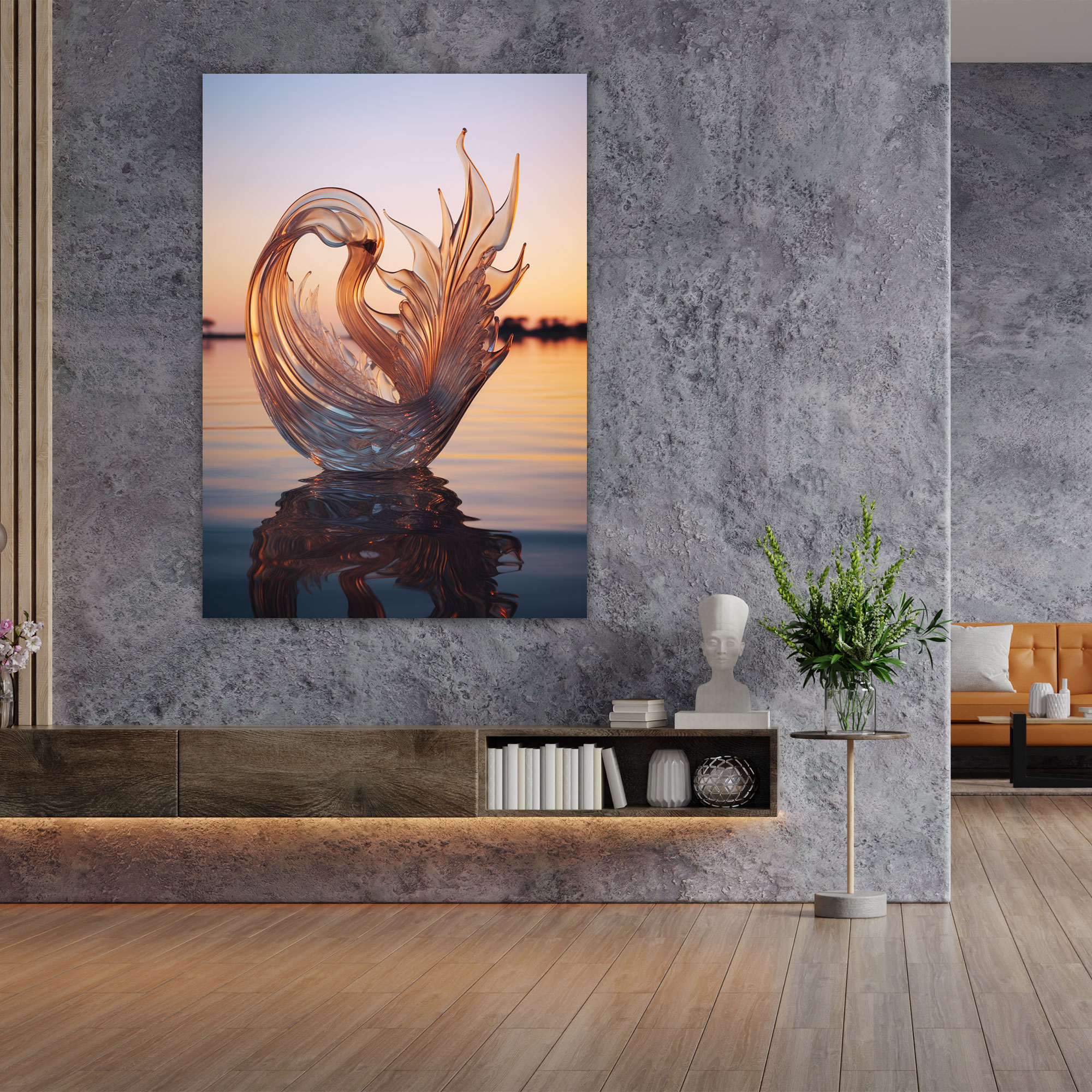 Realistic Glass Sculpture Wall Art - Realistic Glass Sculpture, Graceful, Sunset, Swan