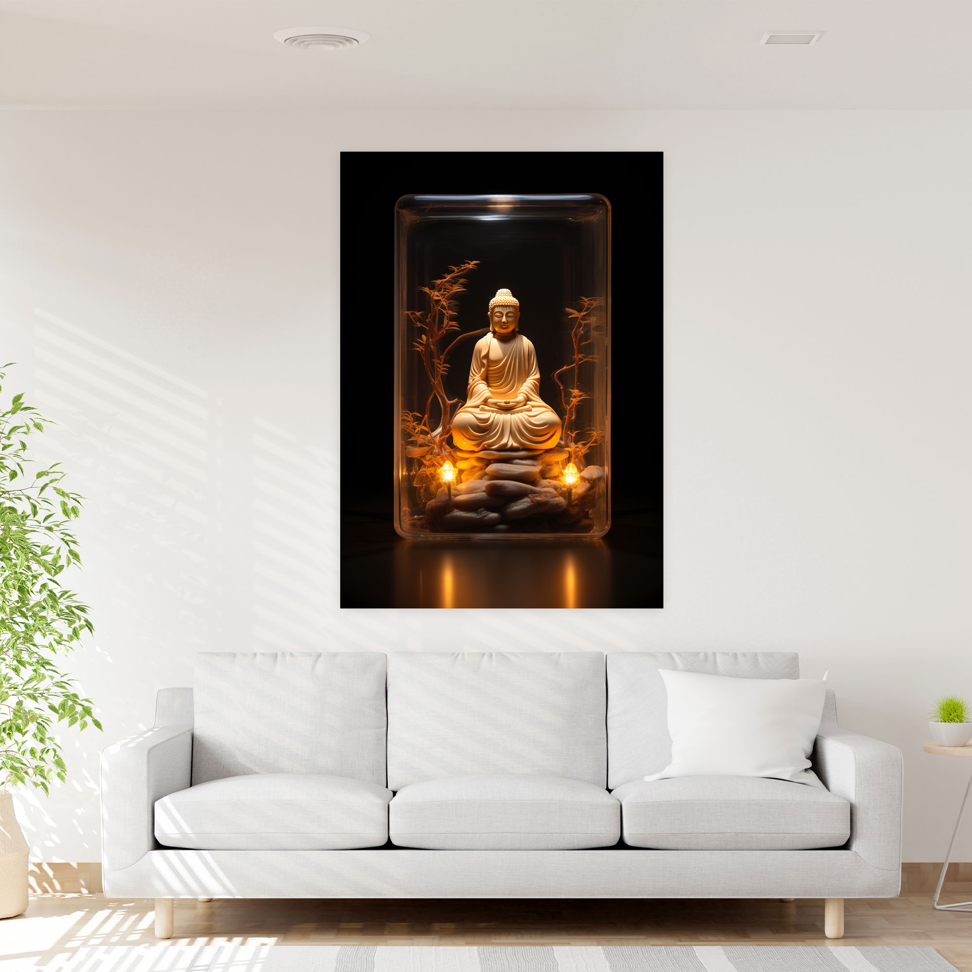 Realistic Glass Sculpture Canvas Print - Realistic Glass Sculpture, Serene Buddha Surrounded By Soft Candlelight, Wall Art, Canvas