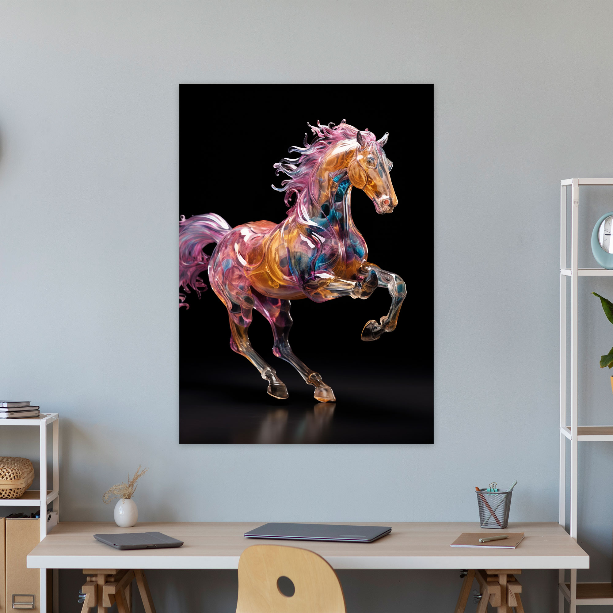 Realistic Glass Sculpture Wall Art - Realistic Glass Sculpture, Majestic Horse Galloping Through Open Field, Wall Art, Canvas