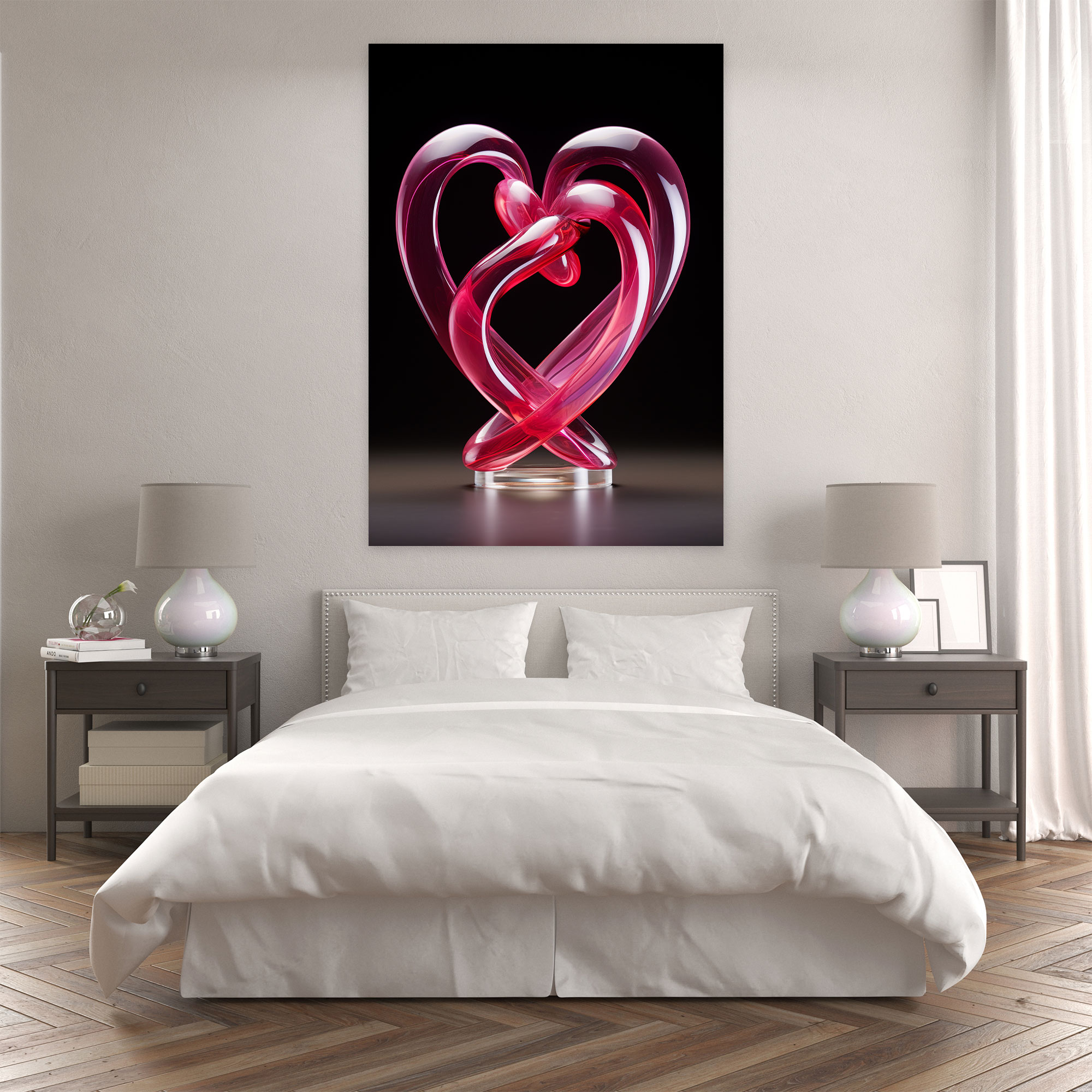 Realistic Glass Sculpture Wall Decoration - Realistic Glass Sculpture, Wall Decoration, Pair Of Interlocked Hearts, Canvas