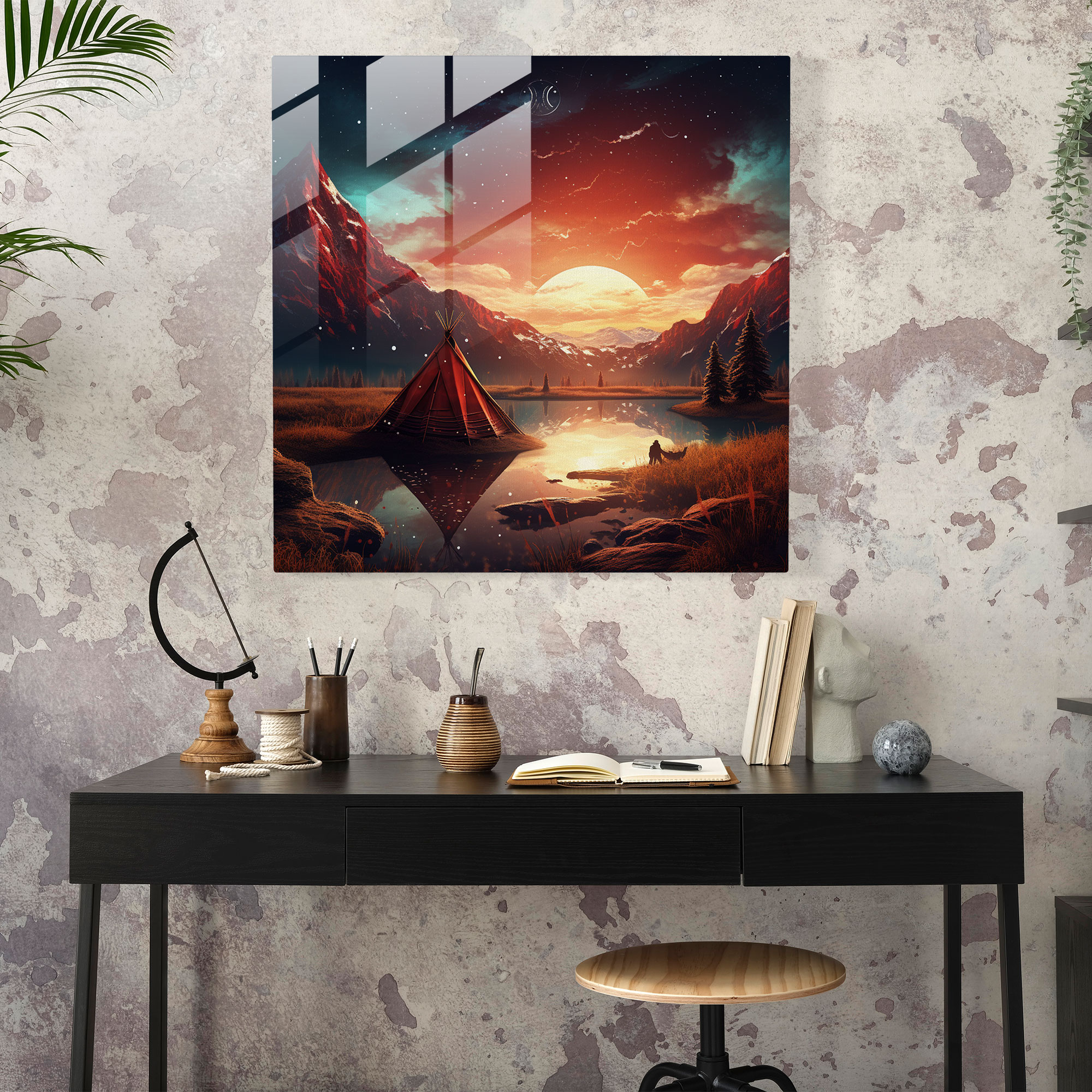 Red Indian Landscape Glass Print - Red Indian, Glass Art, Glass Wall Art, Red Indian