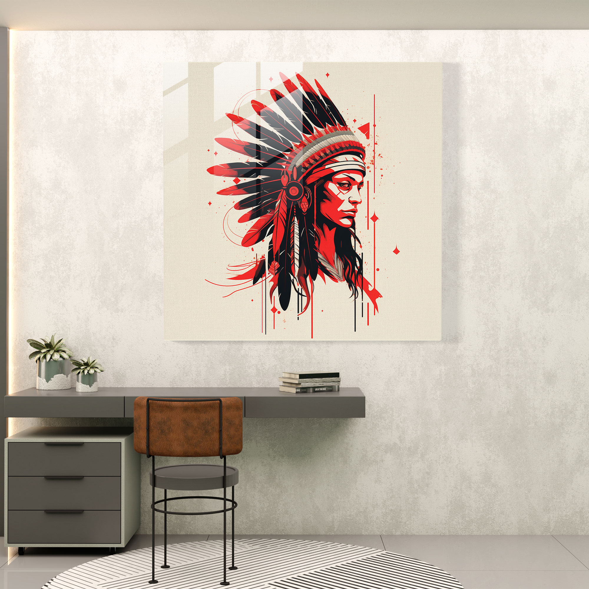 Red Indian Headdress Glass Print - Red Indian, Wall Decoration, Glass Art, Minimalist Illustration