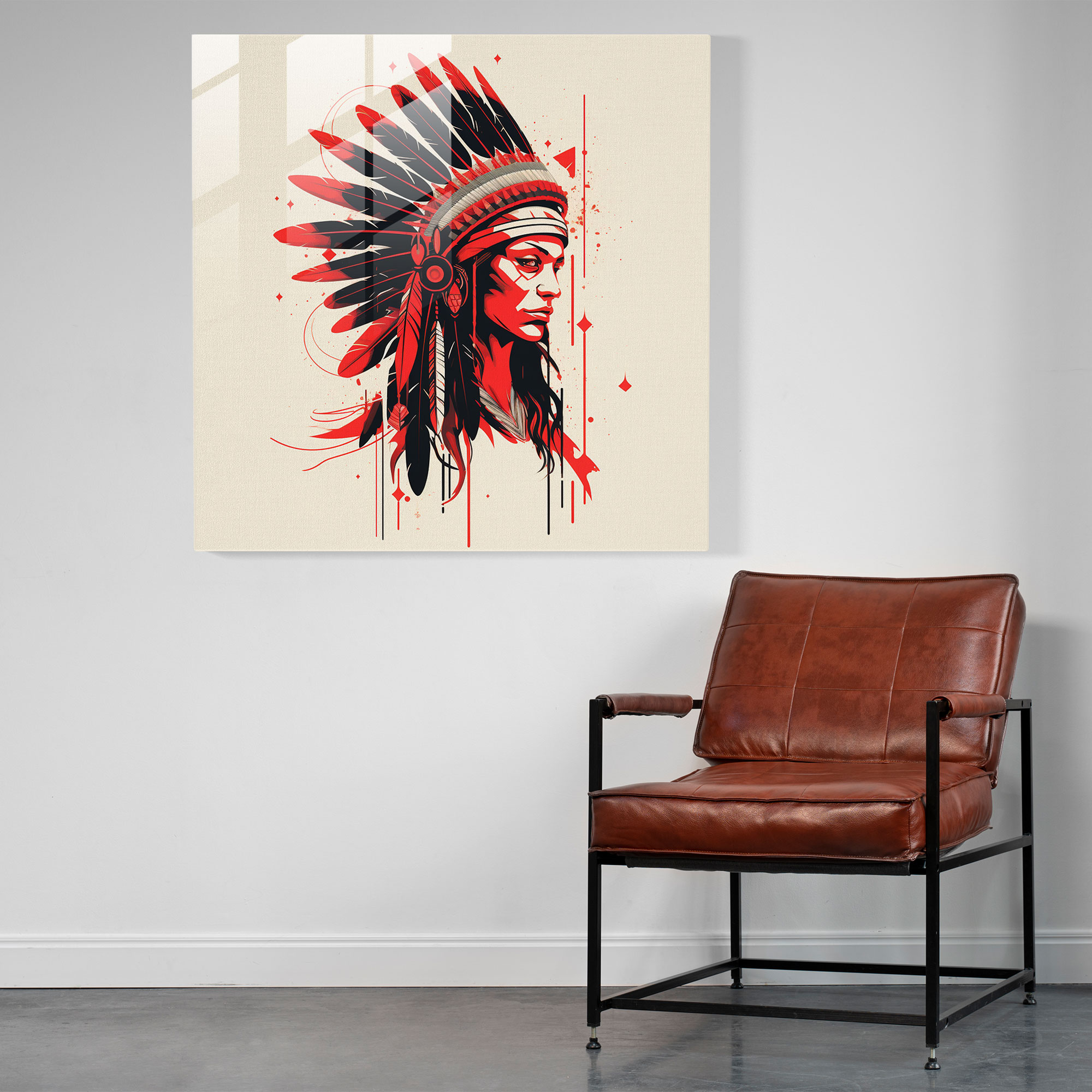 Red Indian Headdress Glass Print - Red Indian, Wall Decoration, Glass Art, Minimalist Illustration