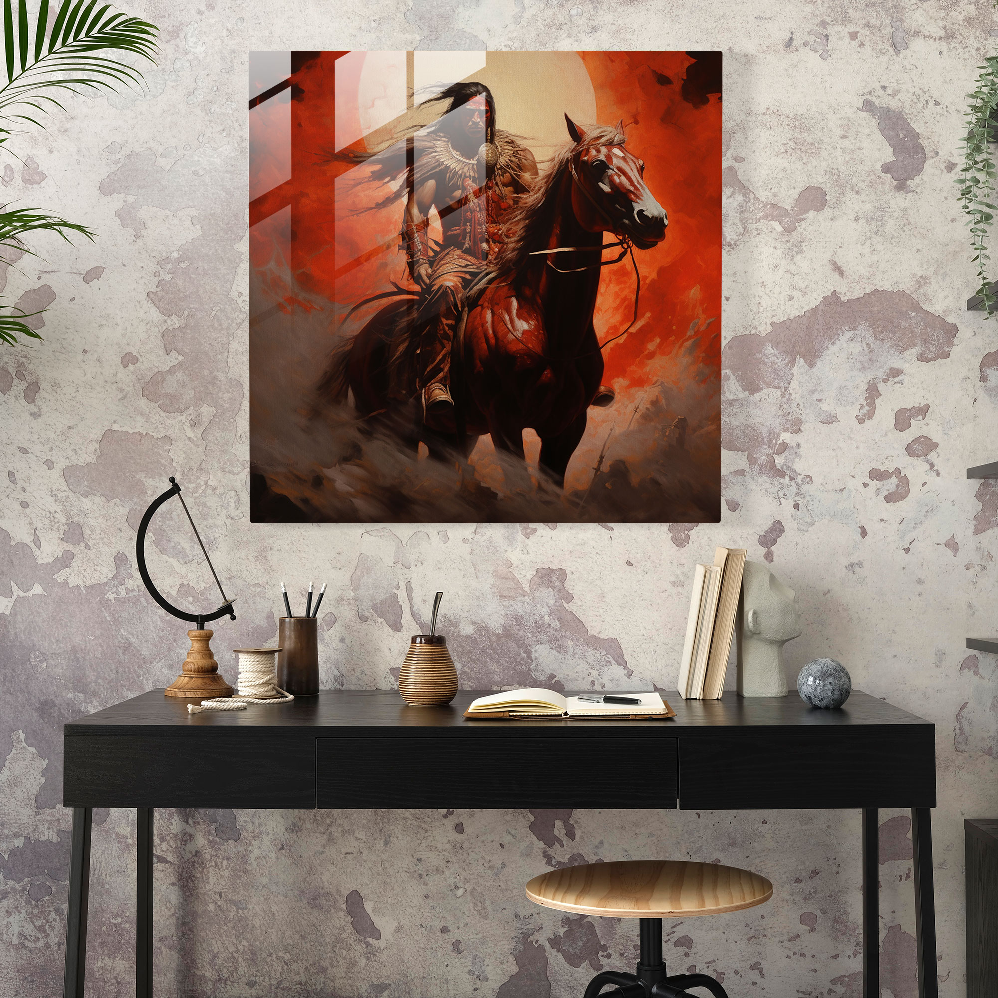 Red Indian Warrior Glass Print - Red Indian, Glass Print, Oil Painting, Grandeur