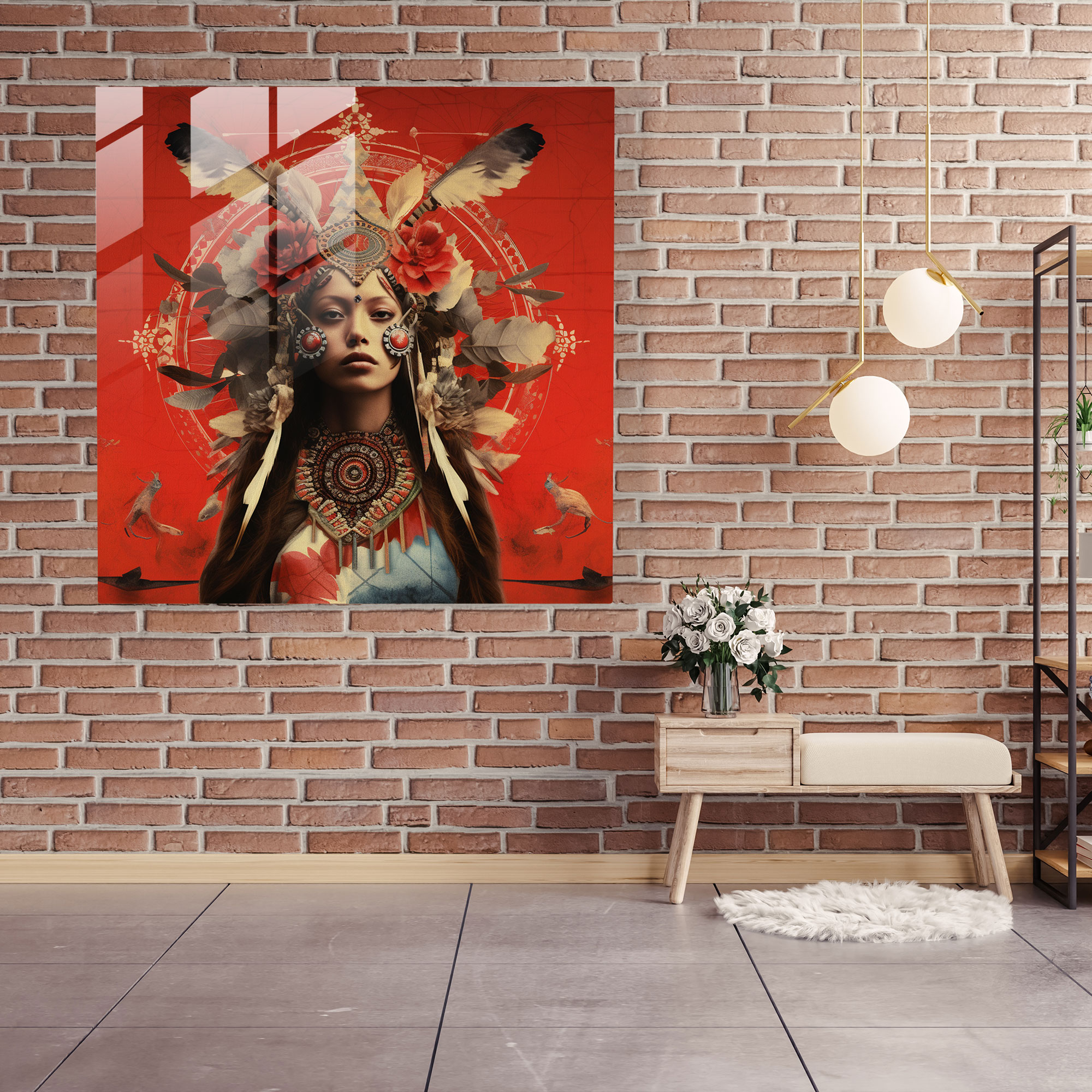 Red Indian Vintage Collage Glass Print - Red Indian, Glass Print, Glass Wall Art, Home Decoration