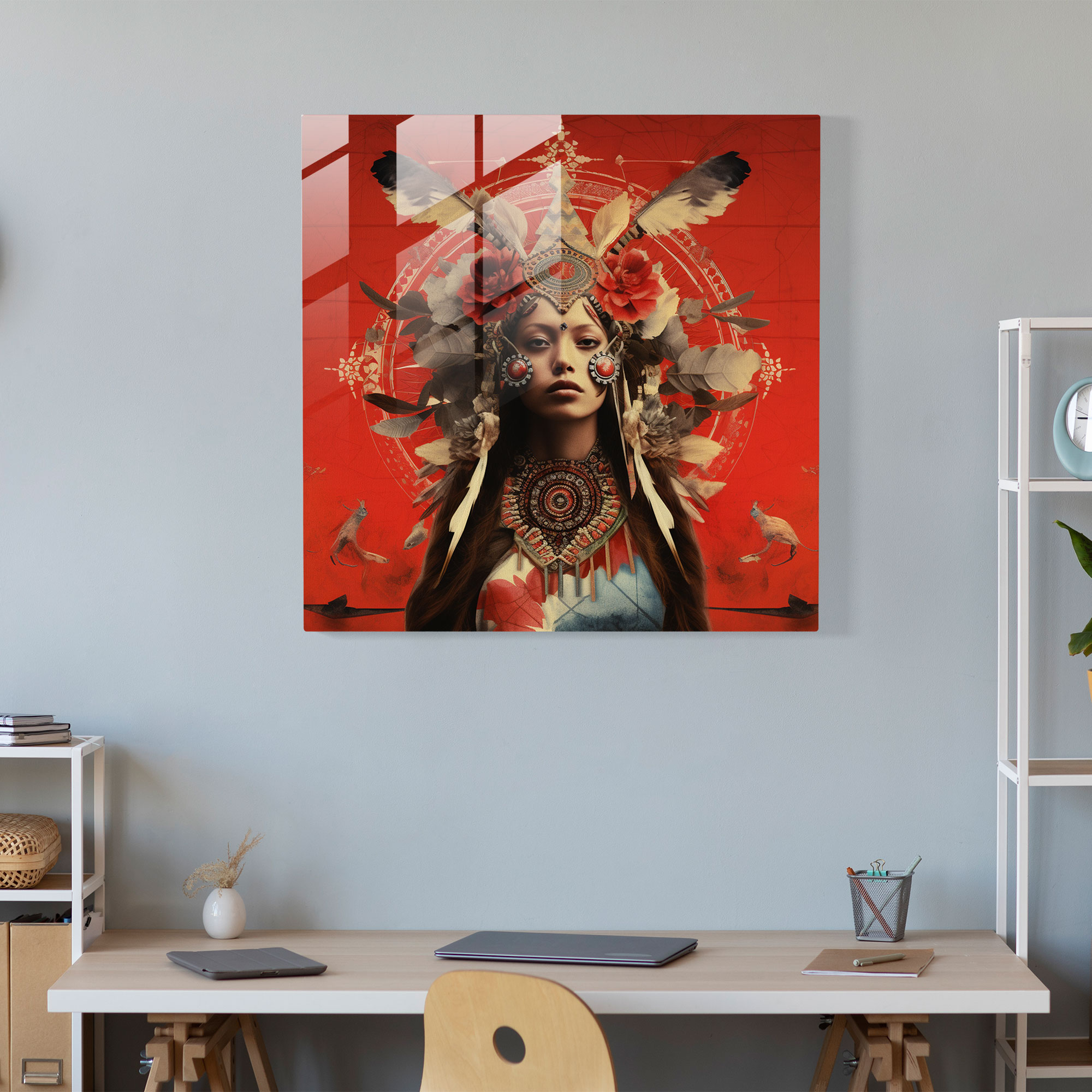 Red Indian Vintage Collage Glass Print - Red Indian, Glass Print, Glass Wall Art, Home Decoration