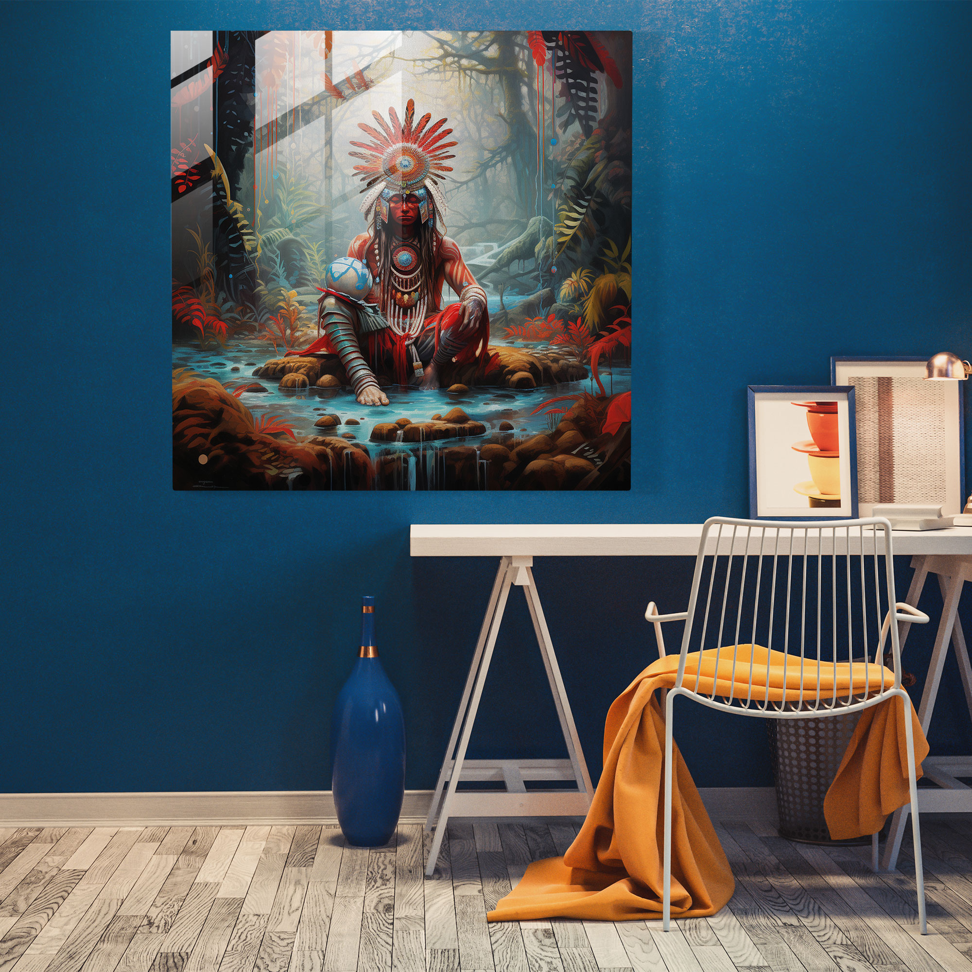 Red Indian Shaman Glass Print - Red Indian, Home Decoration, Surreal Painting, Glass Art