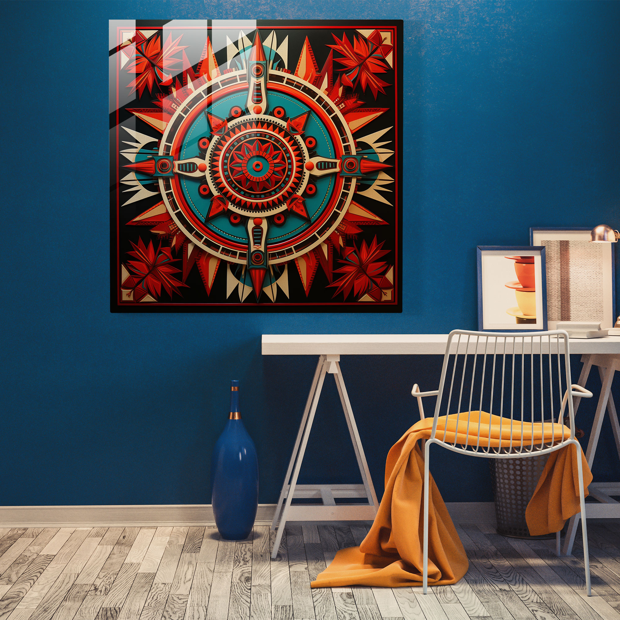 Red Indian Geometric Glass Print - Red Indian, Symbols, Glass Print, Geometric Design