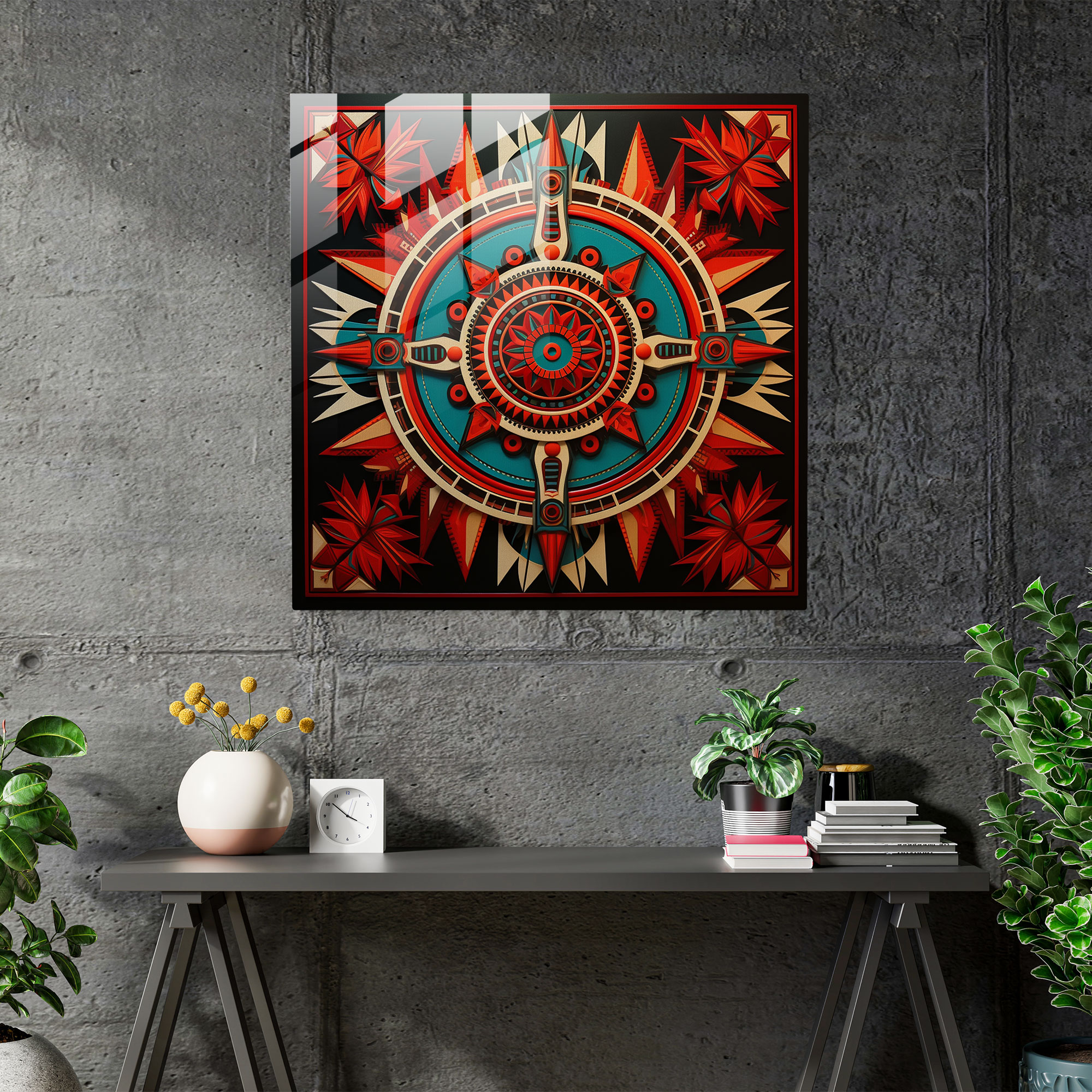 Red Indian Geometric Glass Print - Red Indian, Symbols, Glass Print, Geometric Design
