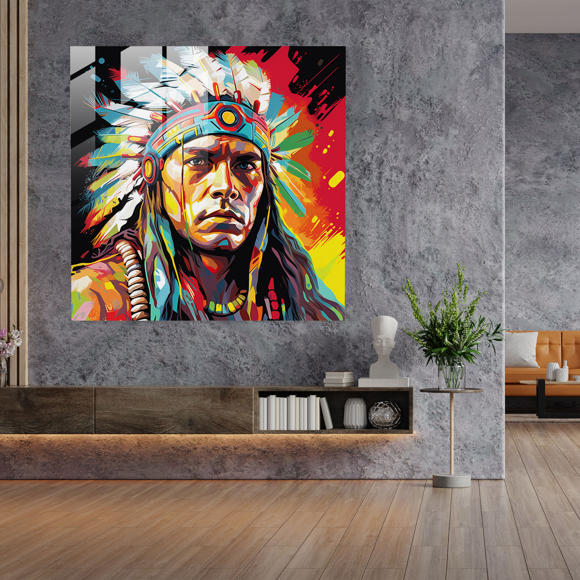 Red Indian Glass Print - Red Indian, Confidence, Pop Art-Inspired Illustration, Red Indian