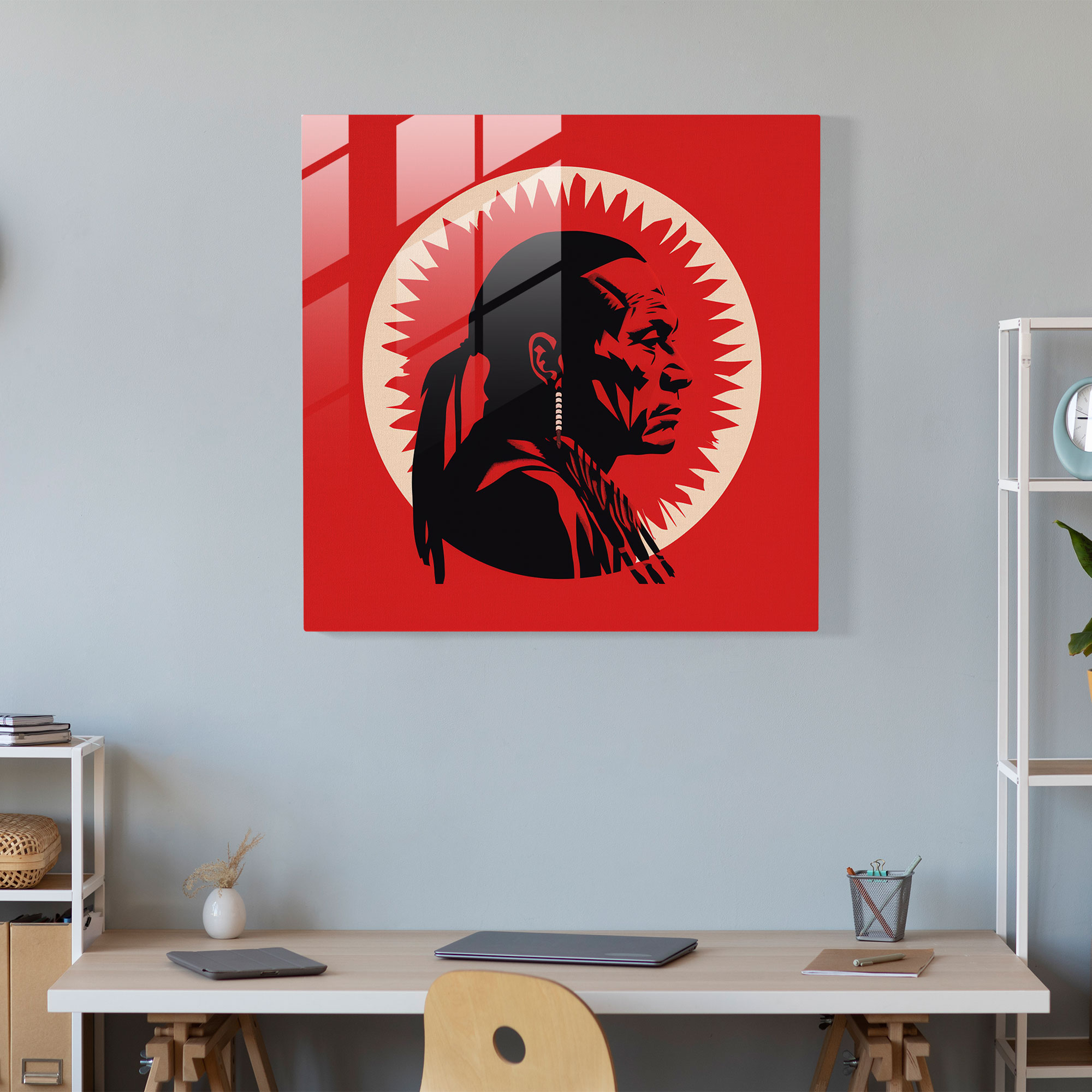 Red Indian Glass Print - Red Indian, Home Decoration, Glass Art, Stylized Silhouette