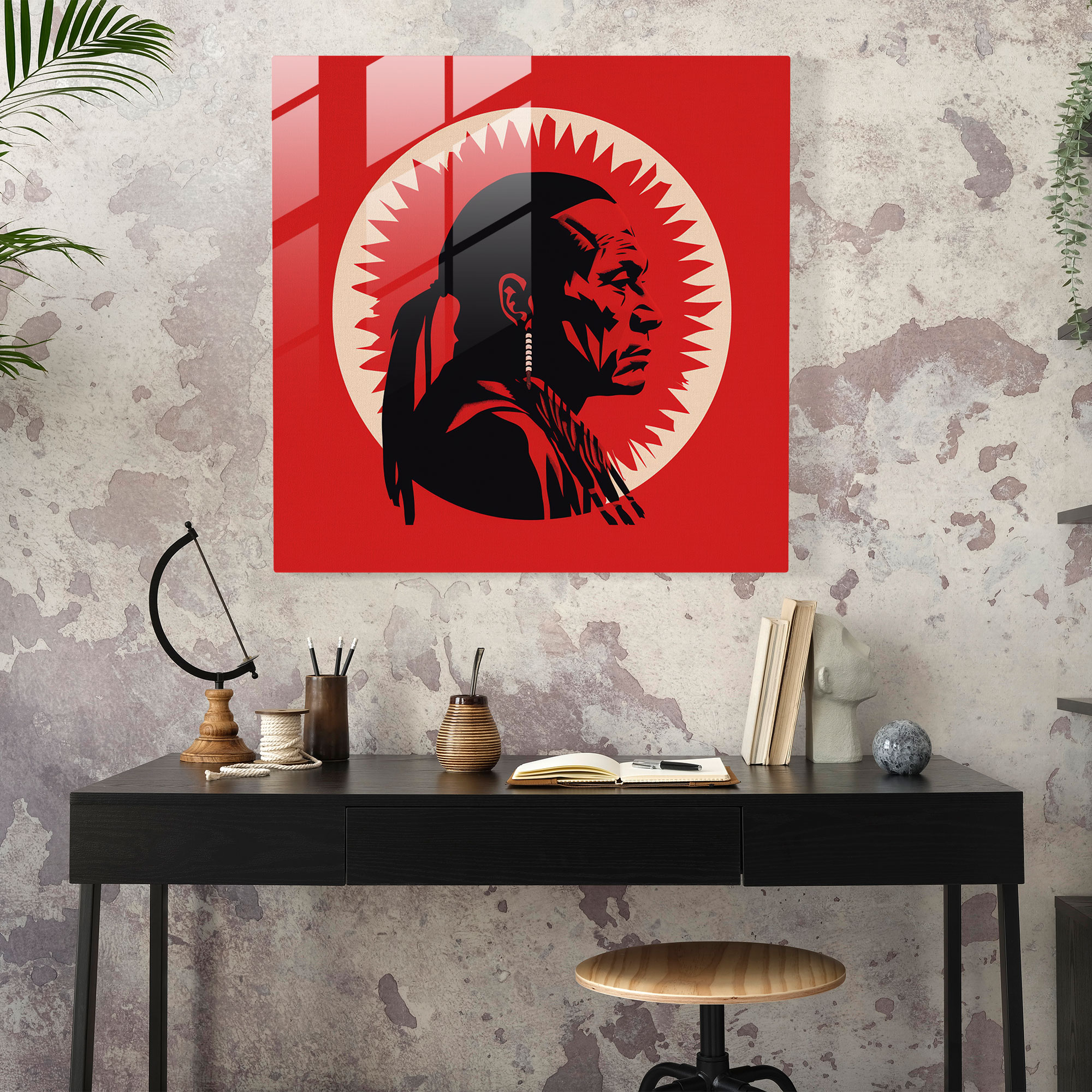 Red Indian Glass Print - Red Indian, Home Decoration, Glass Art, Stylized Silhouette