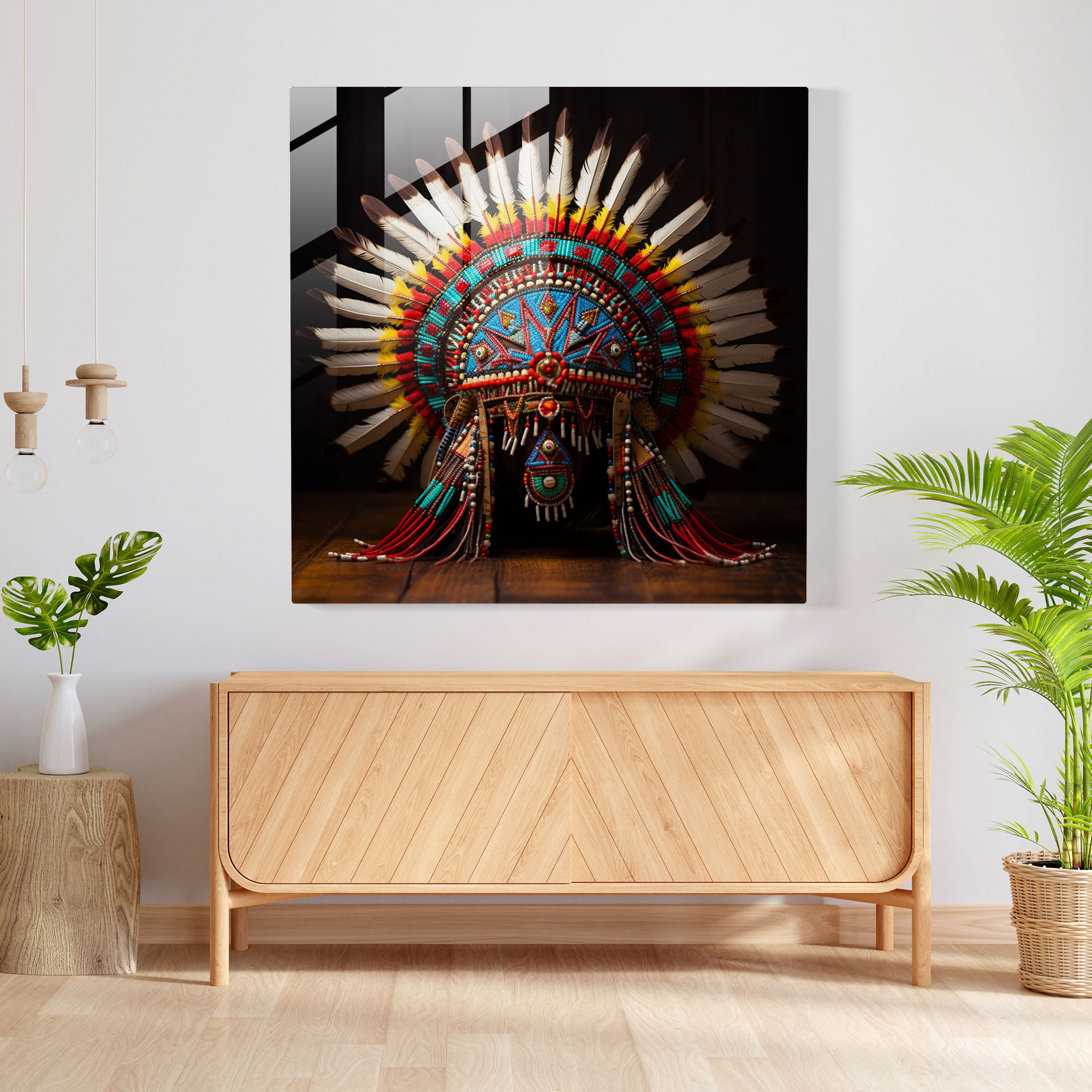 Red Indian Glass Print - Traditional Native American Headdress - Red Indian, Intricate Beadwork, Home Decoration, Glass Art