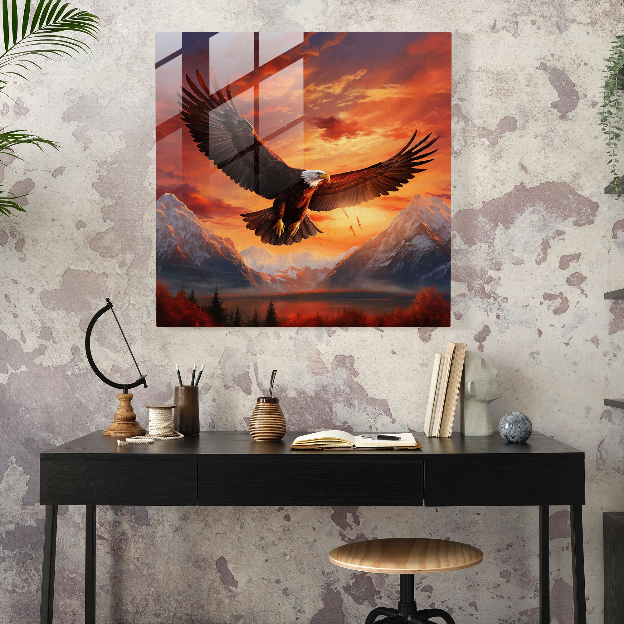 Red Indian Glass Print - Majestic Eagle Soaring Sunset - Red Indian, Red Indian, Glass Art, Majestic Eagle