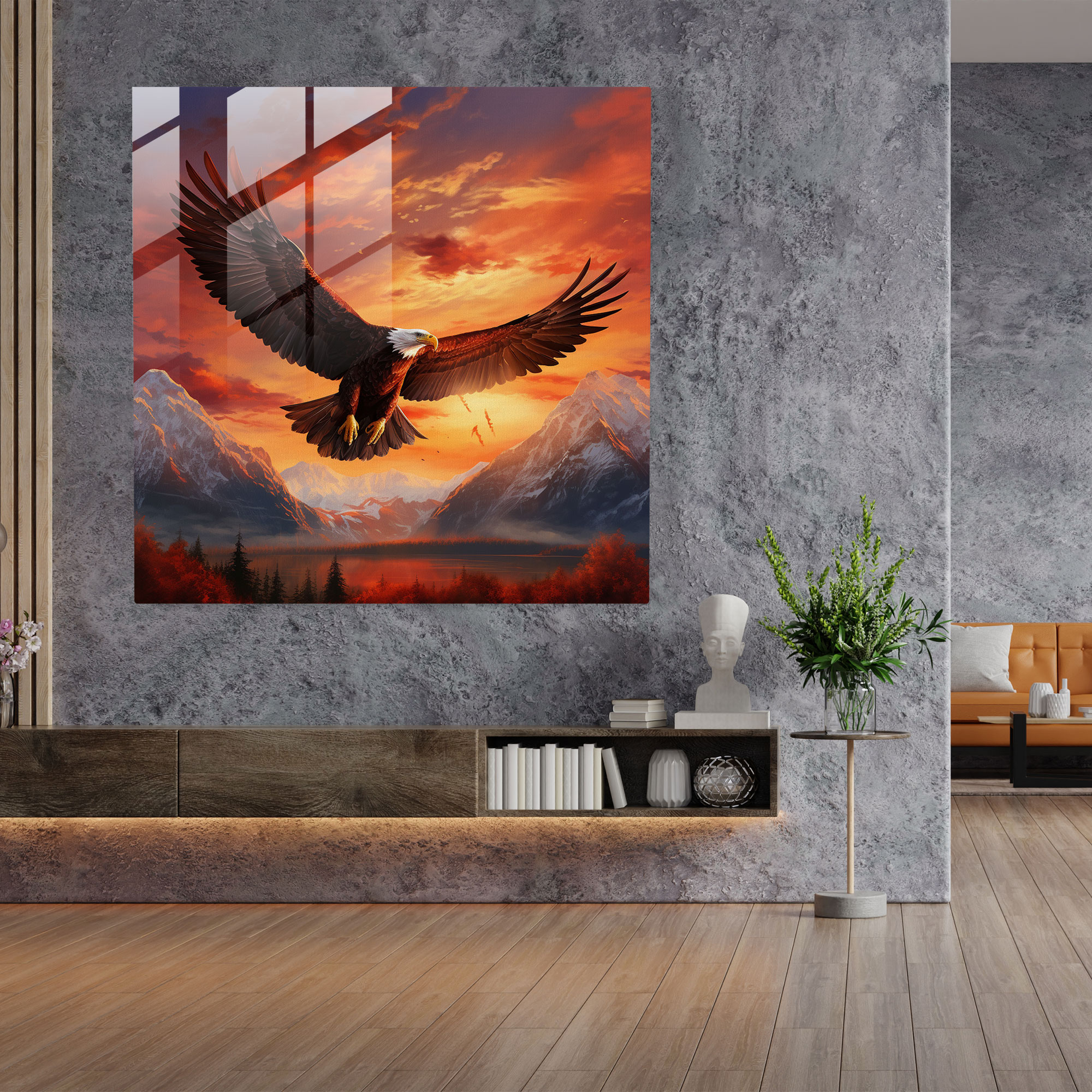 Red Indian Glass Print - Majestic Eagle Soaring Sunset - Red Indian, Red Indian, Glass Art, Majestic Eagle