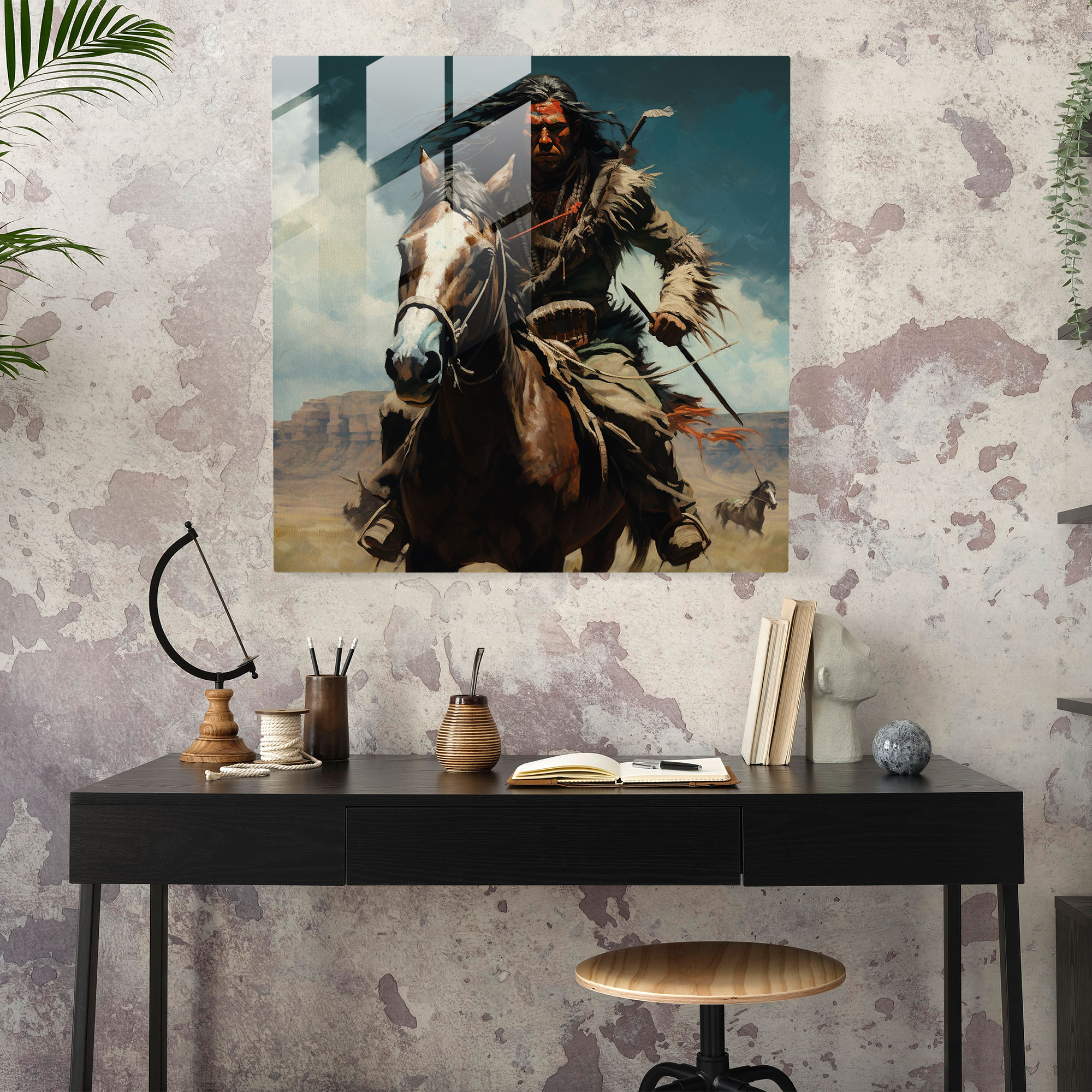 Red Indian Glass Print - Native American Warrior Galloping - Red Indian, Glass Art, Home Decoration, Open Plain