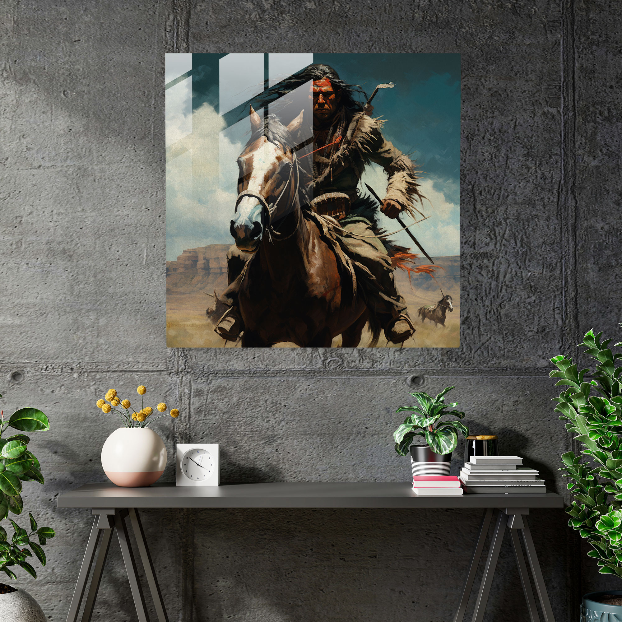 Red Indian Glass Print - Native American Warrior Galloping - Red Indian, Glass Art, Home Decoration, Open Plain