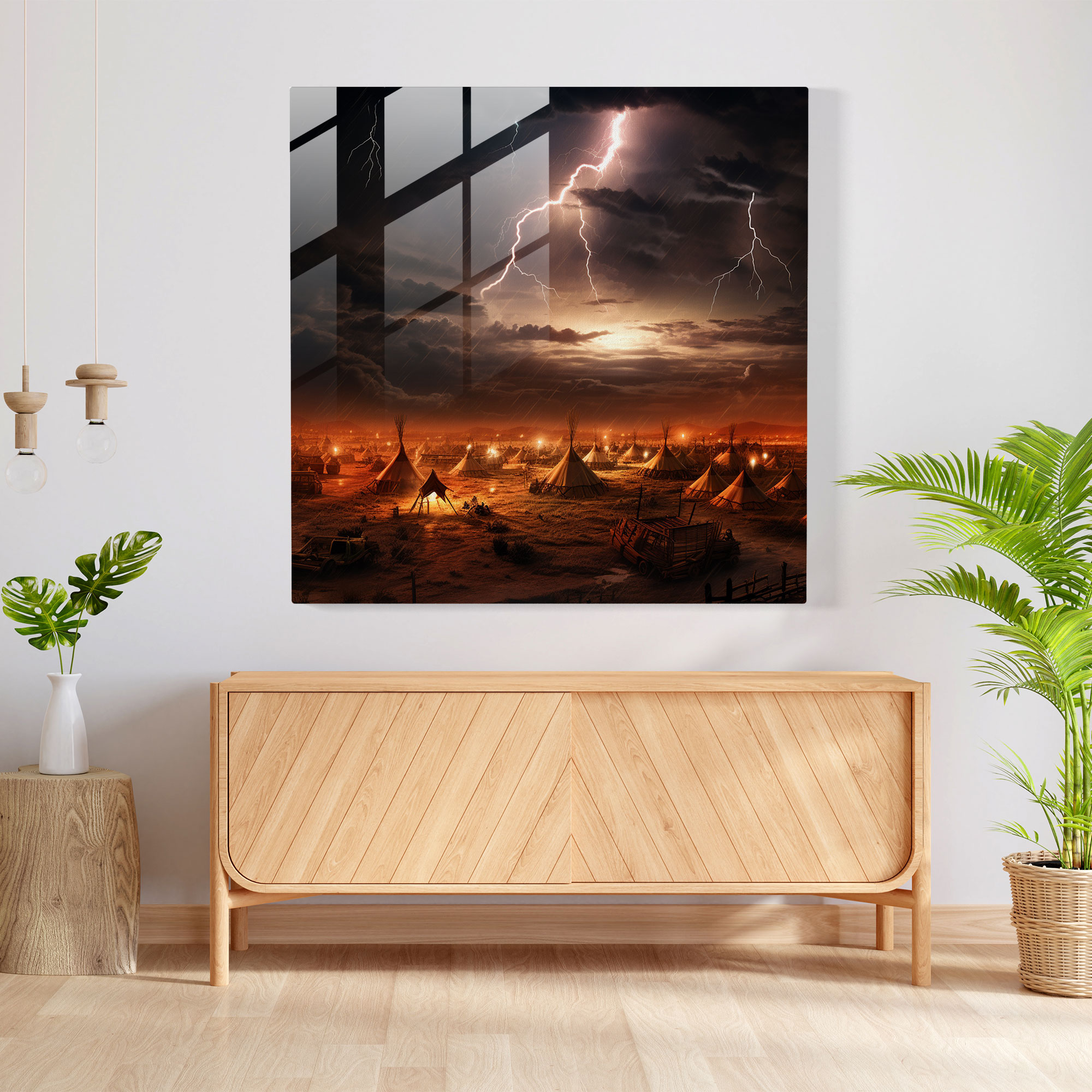 Red Indian Glass Print - Thunderstorm Tribal Camp - Red Indian, Lightning, Glass Wall Art, Wall Decoration