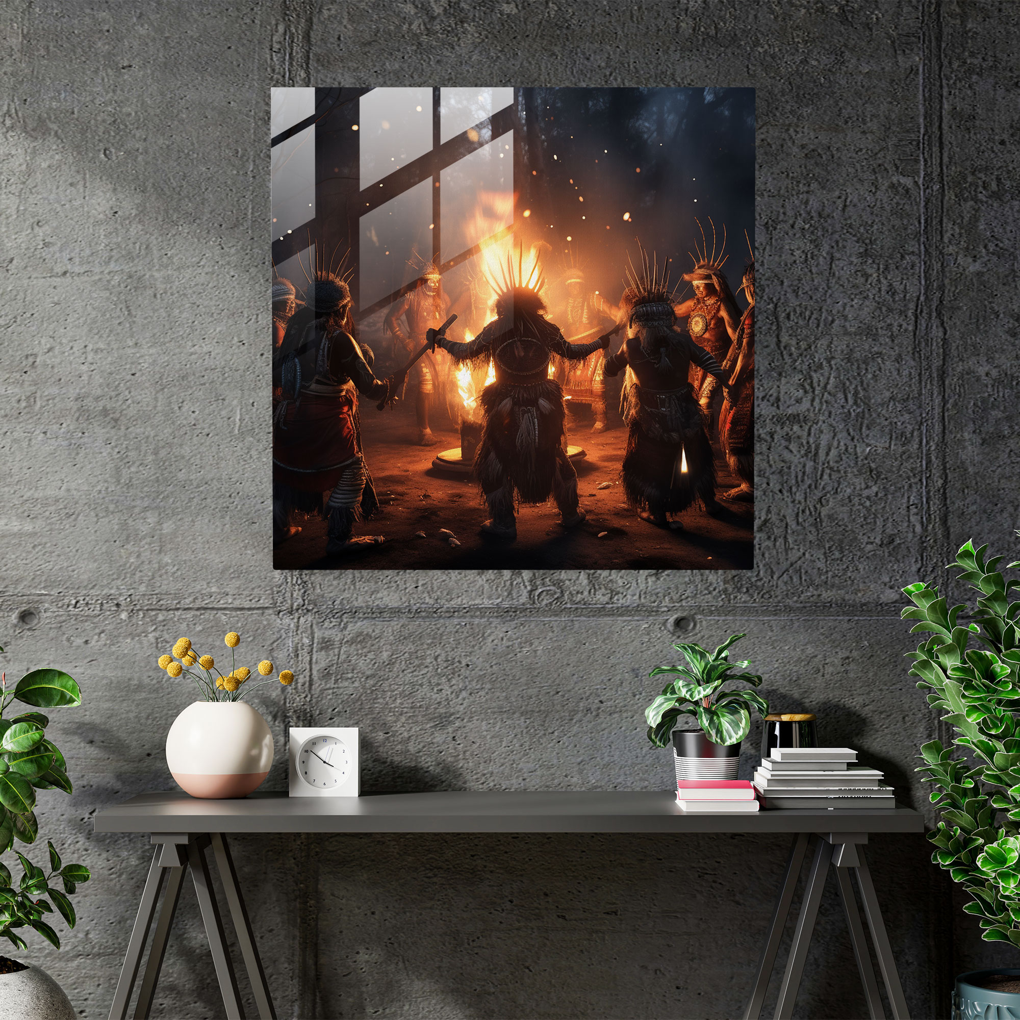 Red Indian Glass Print - Tribal Dancers Ceremonial Dance - Red Indian, Modern Art, Red Indian, Glass Art