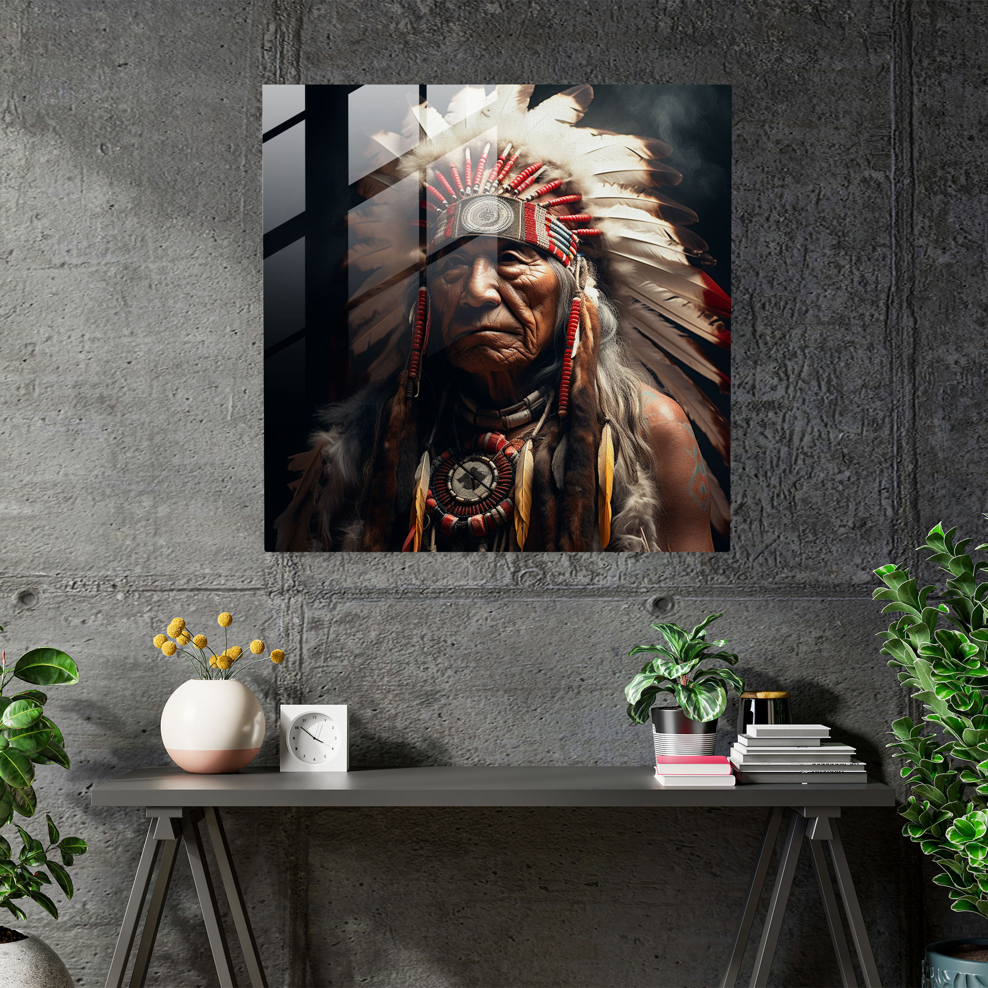 Red Indian Glass Print - Native American Chief Feathered Headdress - Red Indian, Glass Wall Art, Glass Art, Home Decoration