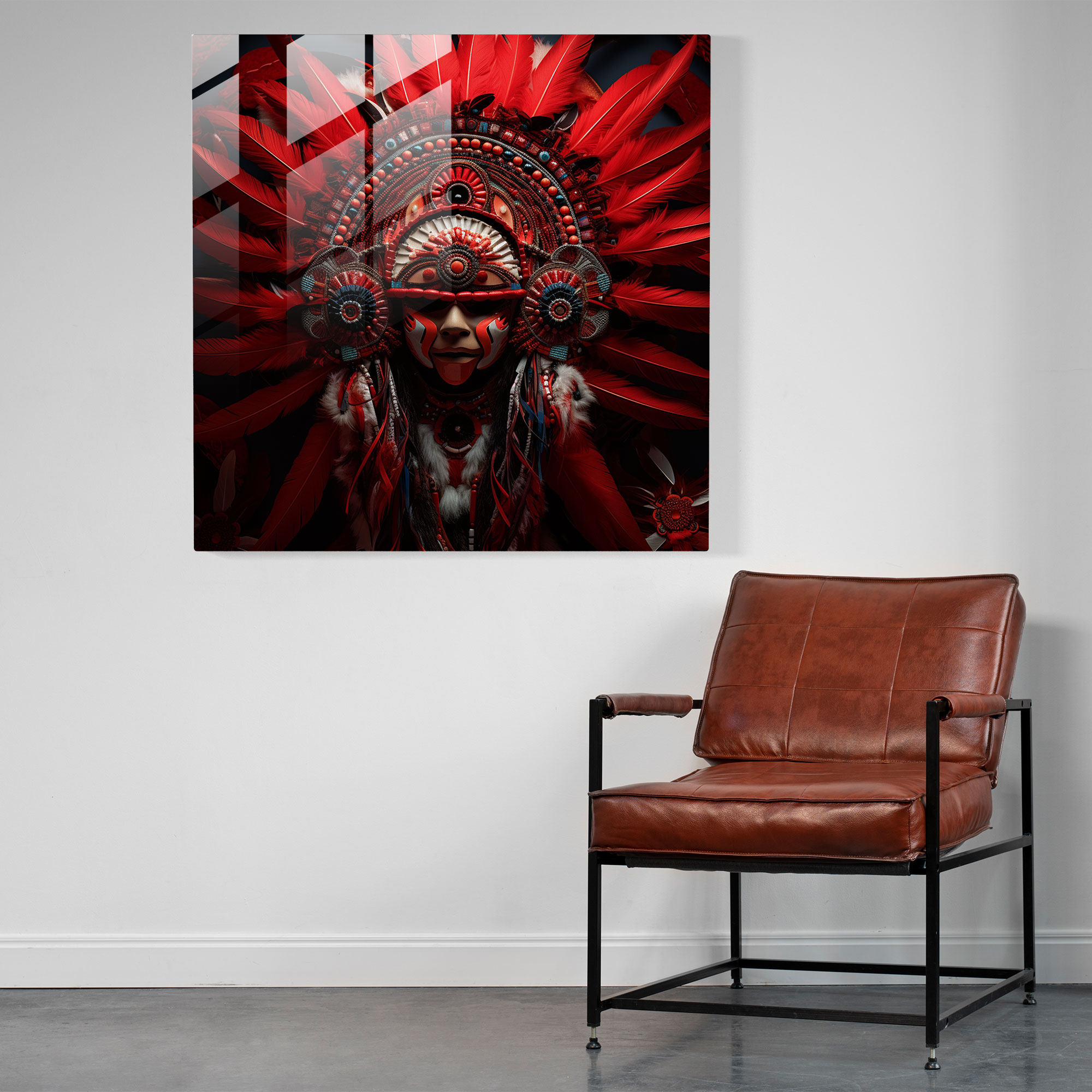 Kırmızı Kızılderili Şef Cam Tablo - Duvar Dekorasyonu Detaylı İnci İşlemesi Modern Sanat