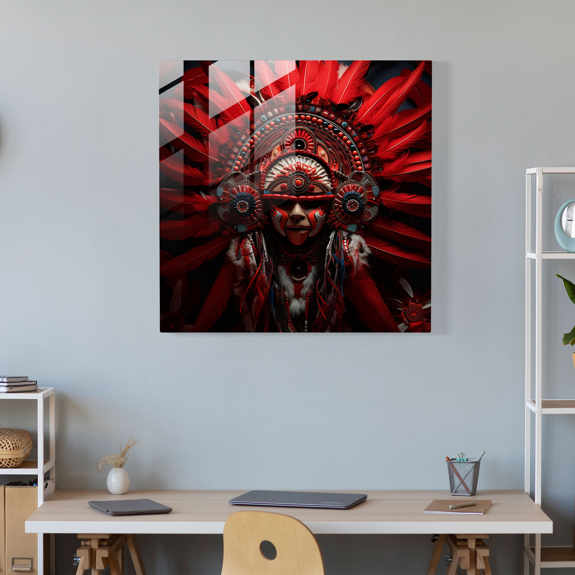 Kırmızı Kızılderili Şef Cam Tablo - Duvar Dekorasyonu Detaylı İnci İşlemesi Modern Sanat