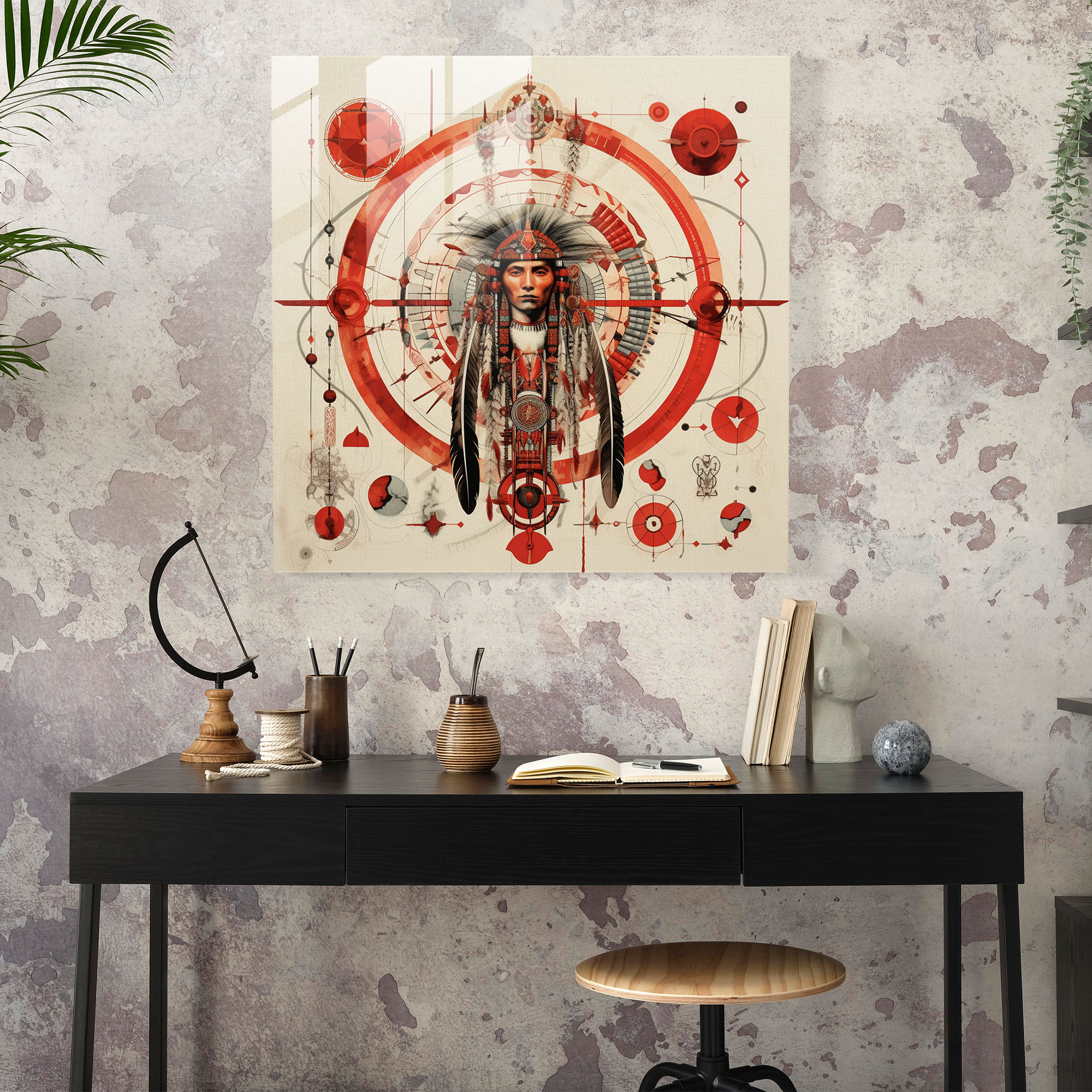 Red Indian Symbols Glass Print - Red Indian, Glass Print, Traditional Patterns, Home Decoration