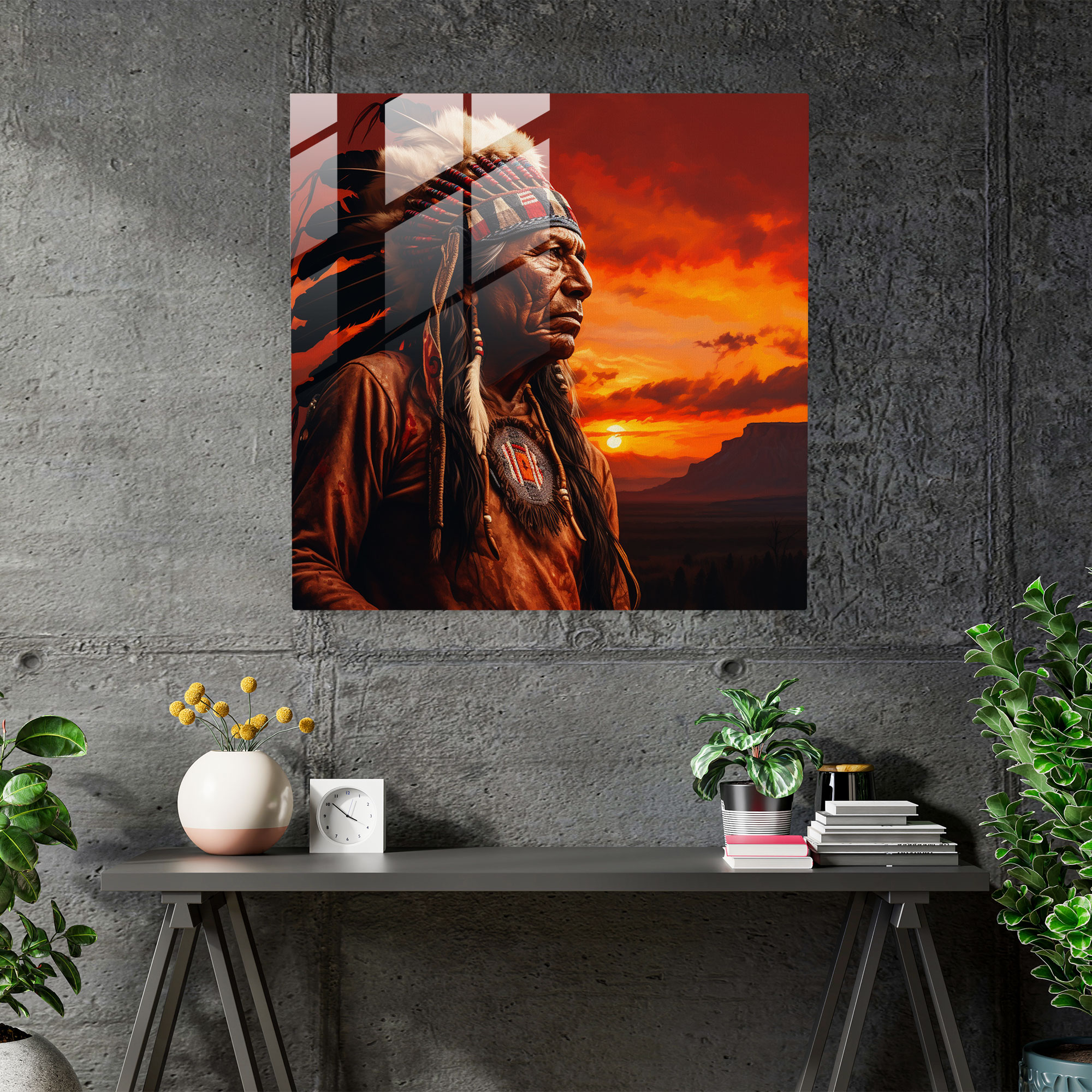 Red Indian Chief Portrait Glass Print - Red Indian, Red Indian Chief, Timeless Beauty, Glass Art