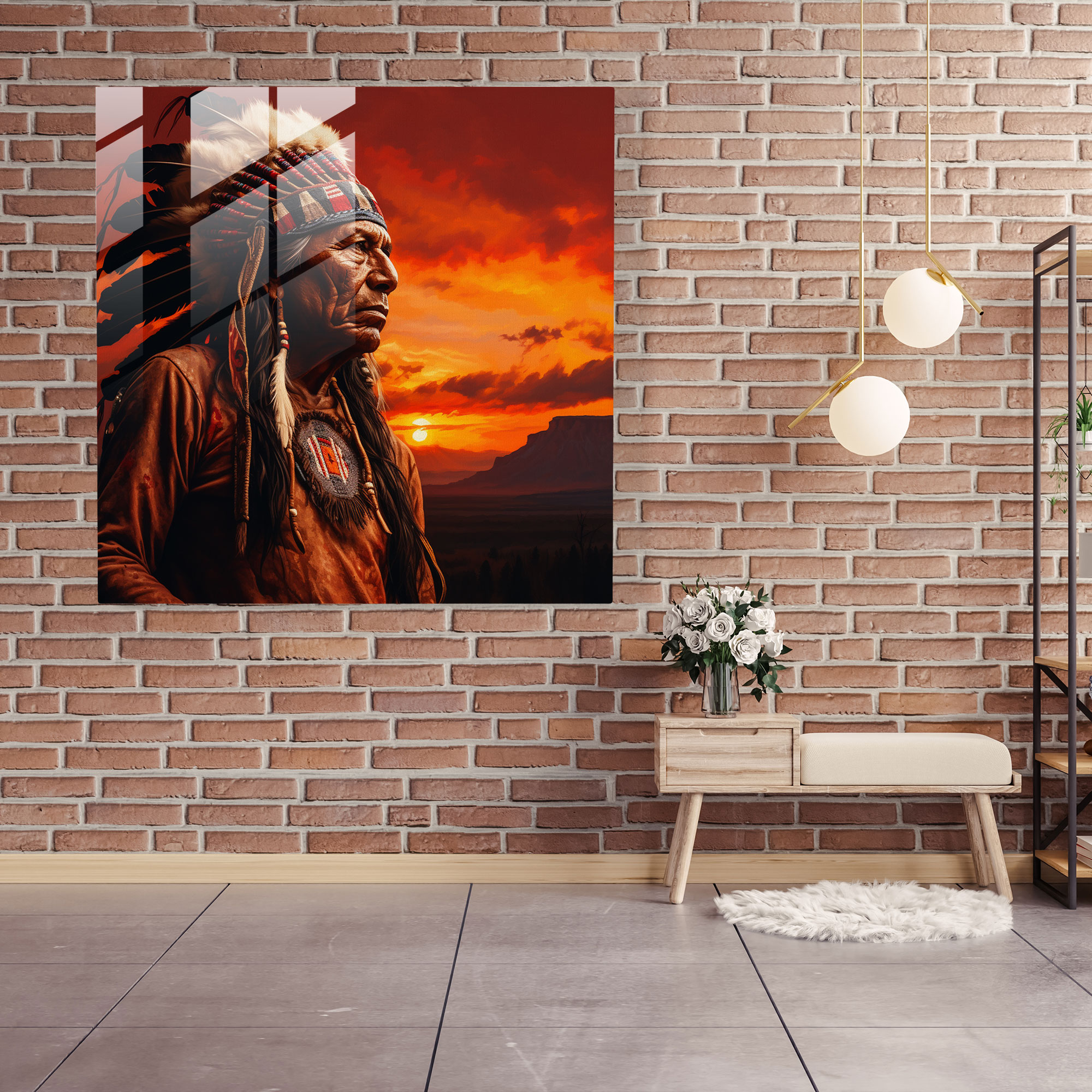Red Indian Chief Portrait Glass Print - Red Indian, Red Indian Chief, Timeless Beauty, Glass Art