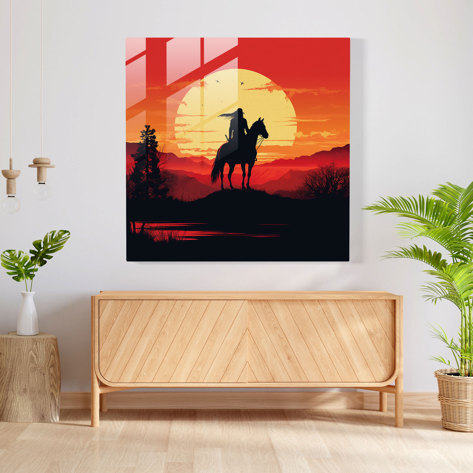 Red Indian Silhouette Glass Print - Red Indian, Glass Art, Glass Wall Art, Minimalistic Illustration